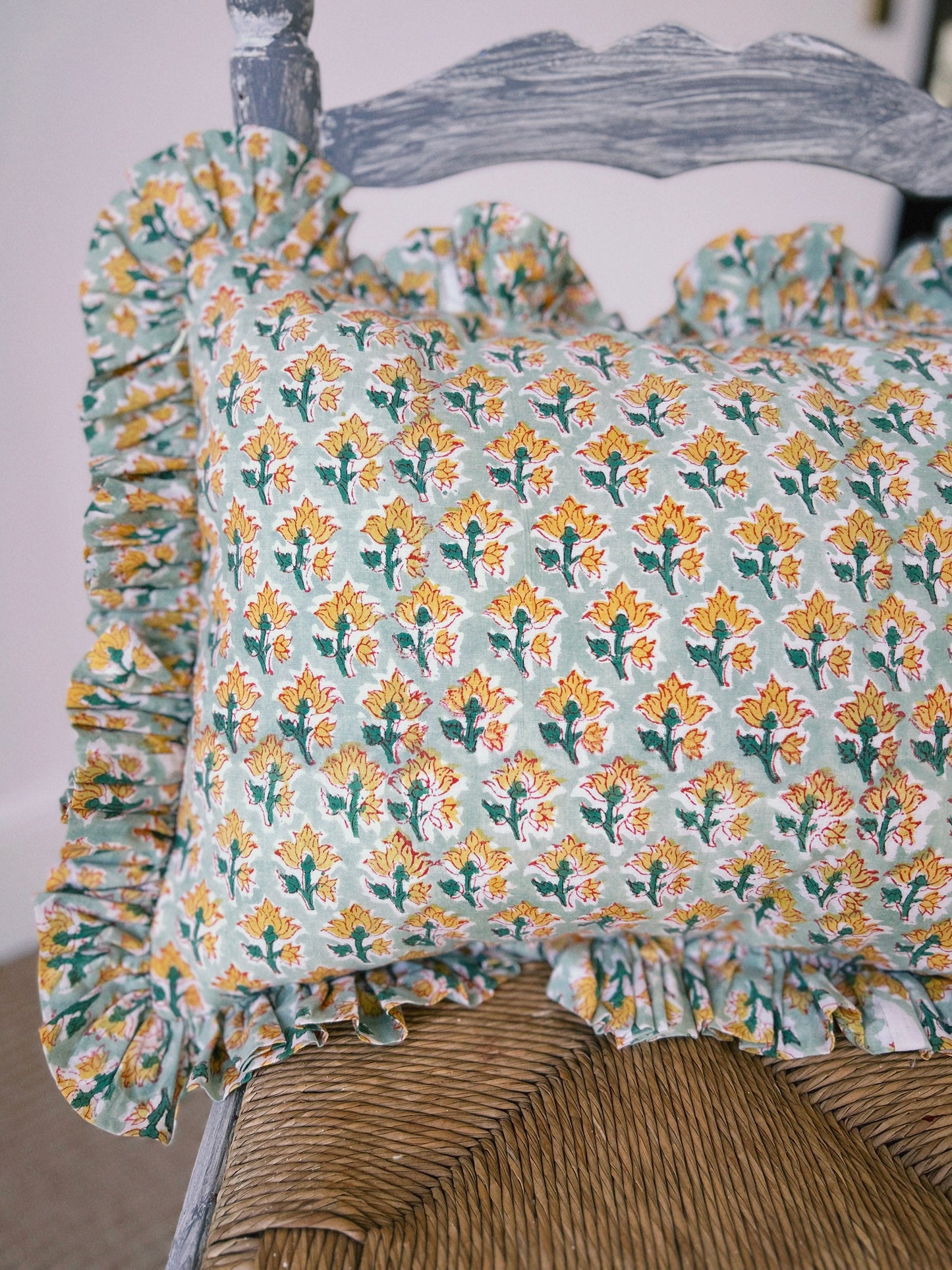 CUSHION RUFFLES BLOCK PRINT FLORAL GREEN YELLOW