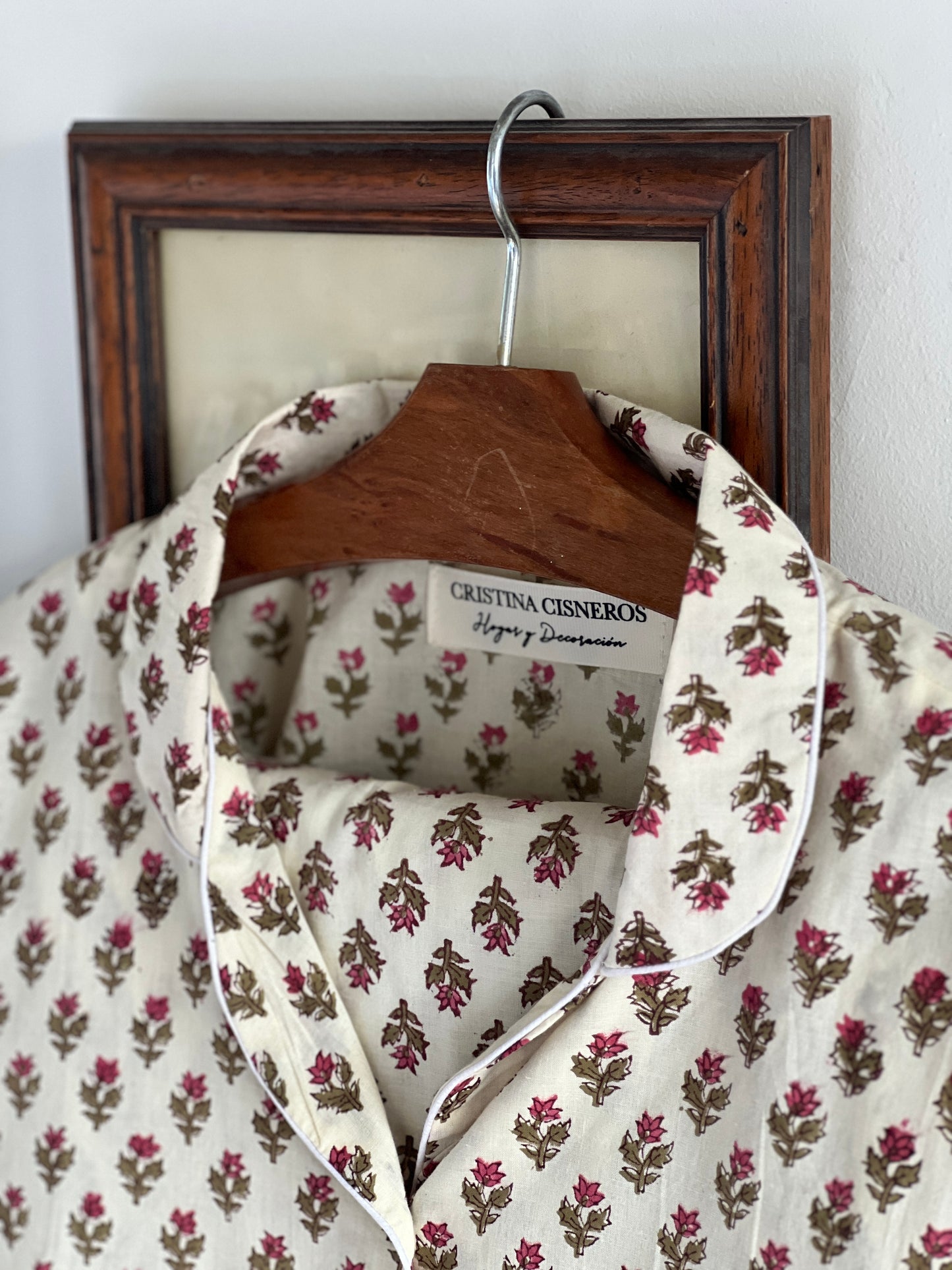 BLOCK PRINT LONG SLEEVE PAJAMAS BEIGE PINK