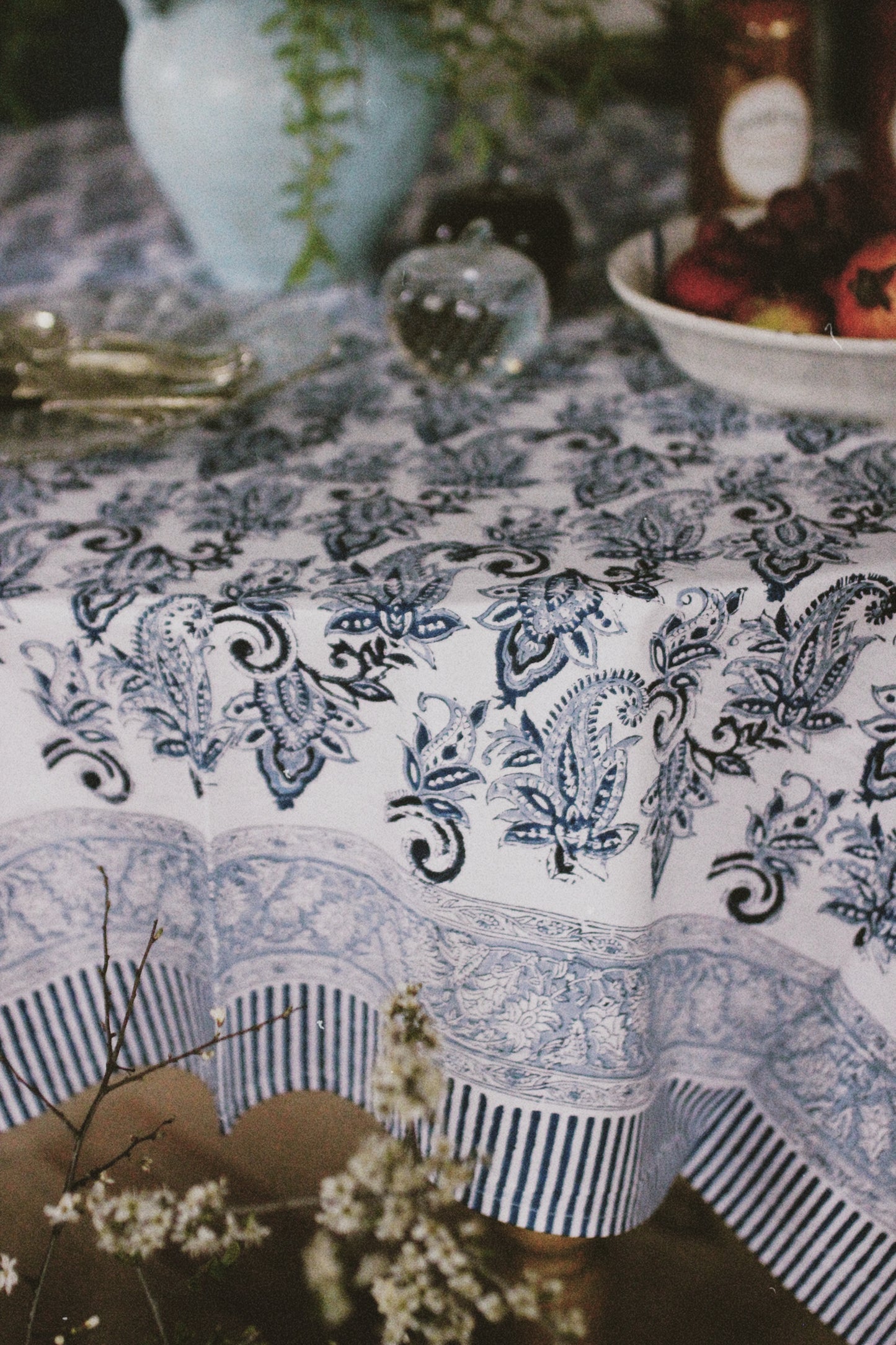BLUE FLORAL BLOCK PRINT TABLECLOTH