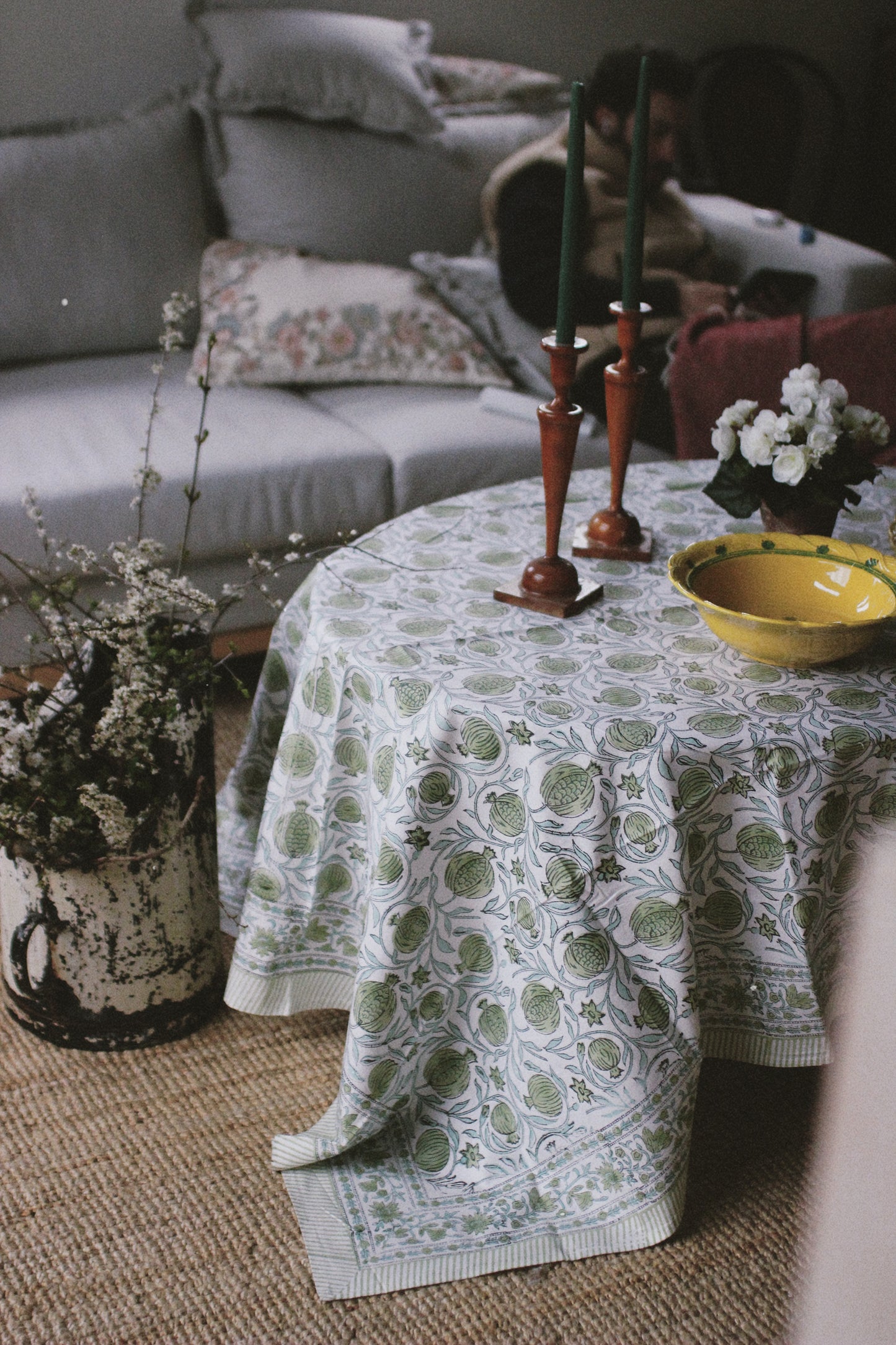 BLOCK PRINT FLORAL TABLECLOTH GREEN
