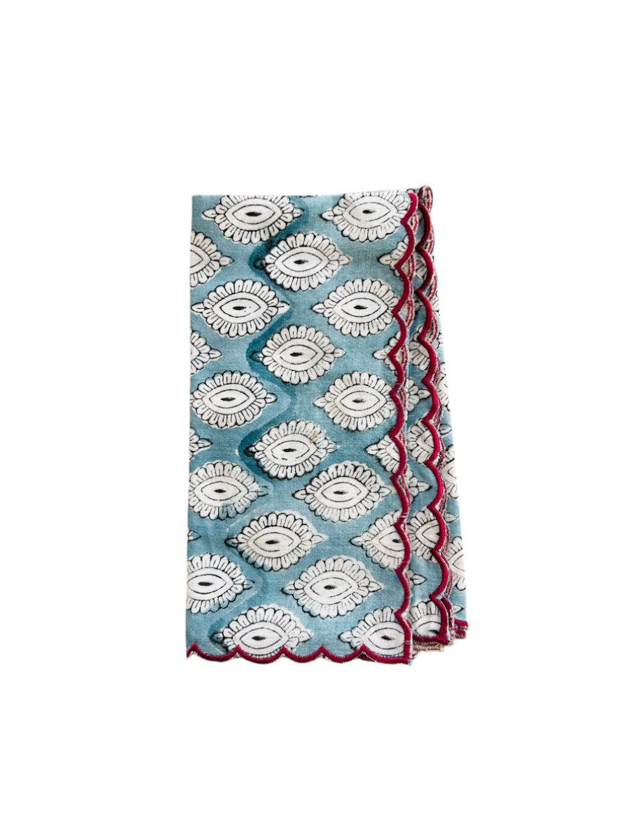 SET OF 2 COTTON BLOCK PRINT NAPKINS WITH PINK BLUE WAVE SCALLOP