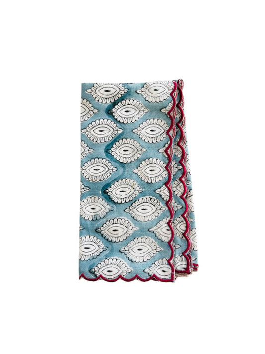 SET OF 2 COTTON BLOCK PRINT NAPKINS WITH PINK BLUE WAVE SCALLOP