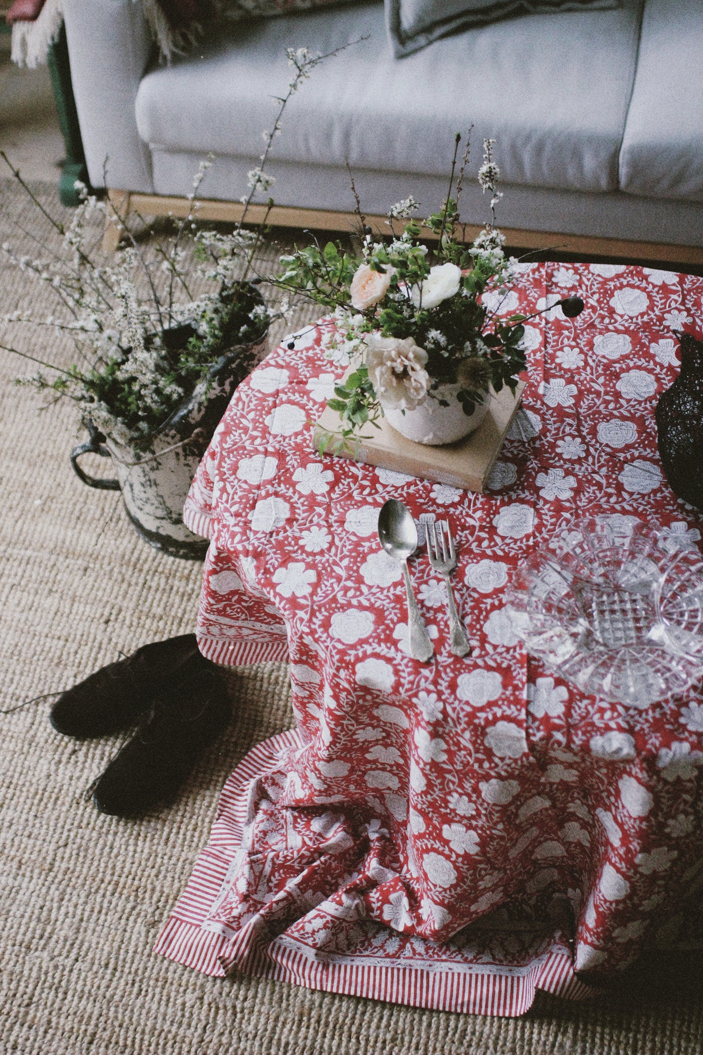 FLORAL BLOCK PRINT GARNET TABLECLOTH