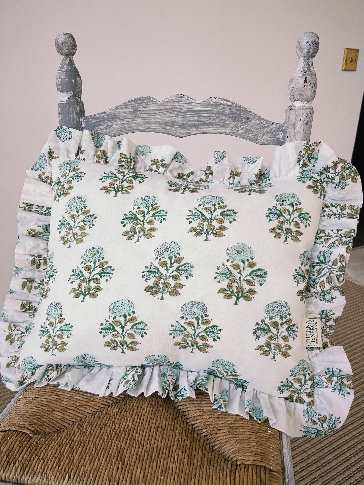 CUSHION RUFFLES BLOCK PRINT FLORAL GREEN WHITE