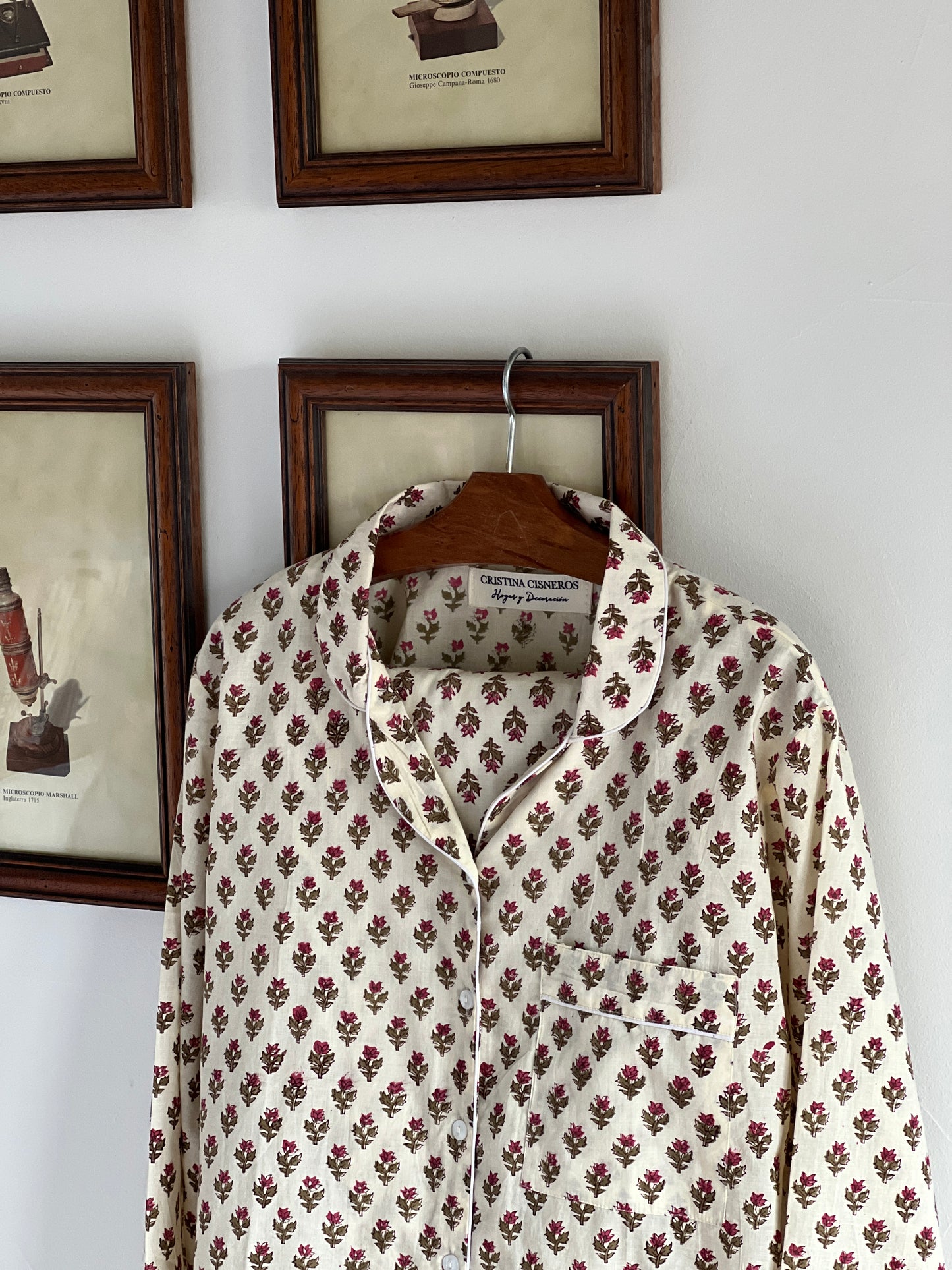 BLOCK PRINT LONG SLEEVE PAJAMAS BEIGE PINK