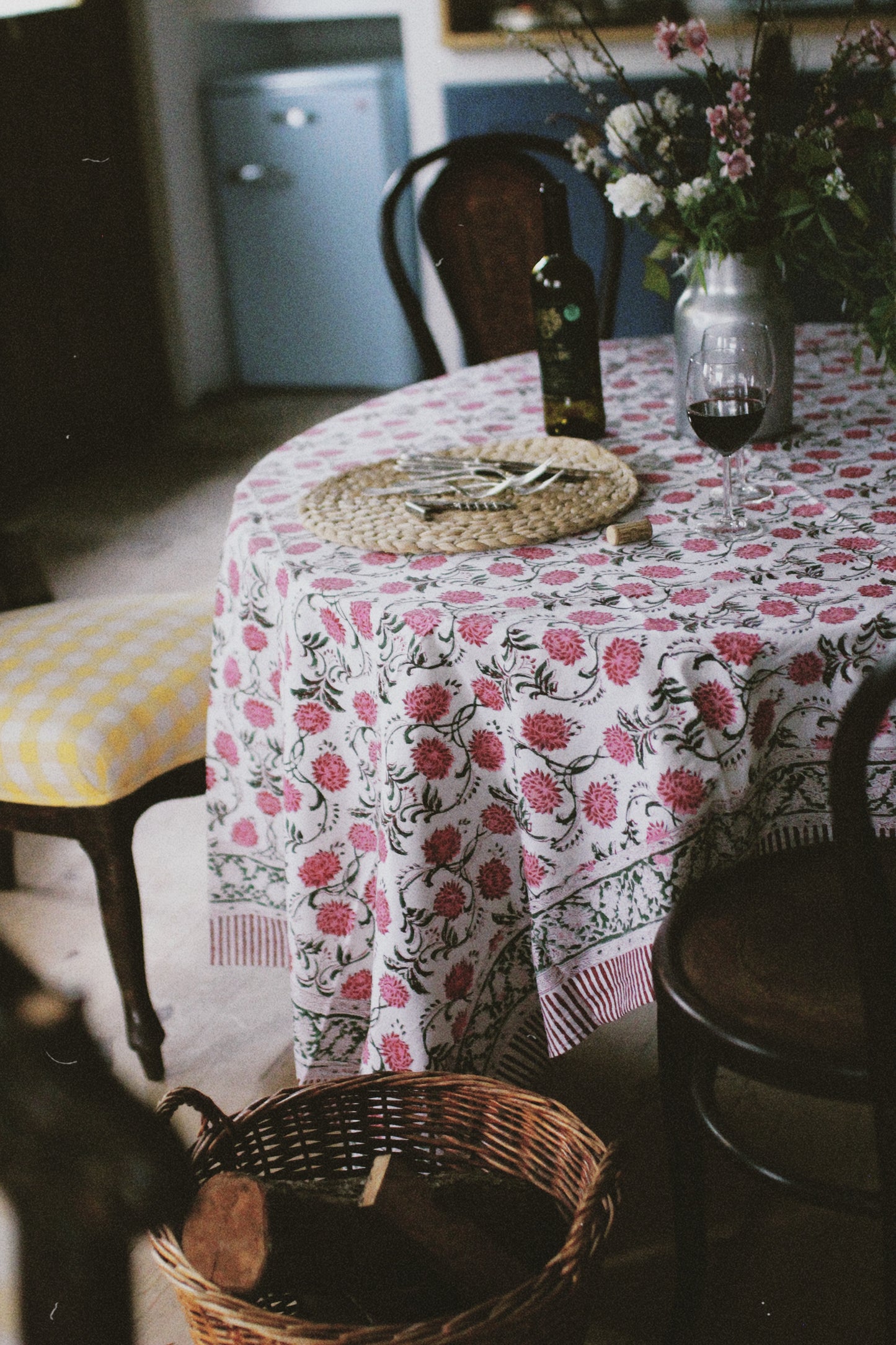 BLOCK PRINT FLORAL TABLECLOTH PINK GREEN
