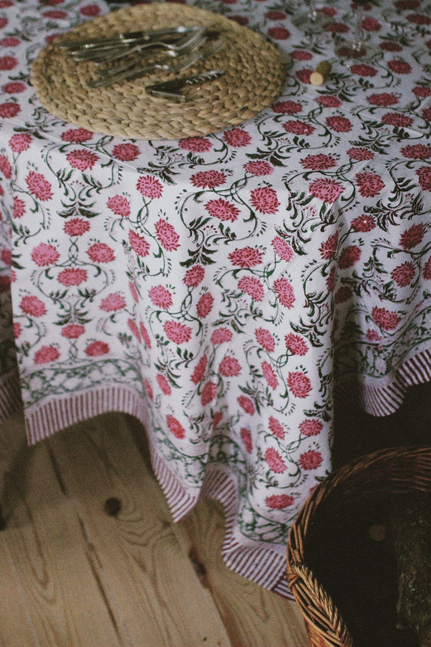 BLOCK PRINT FLORAL TABLECLOTH PINK GREEN