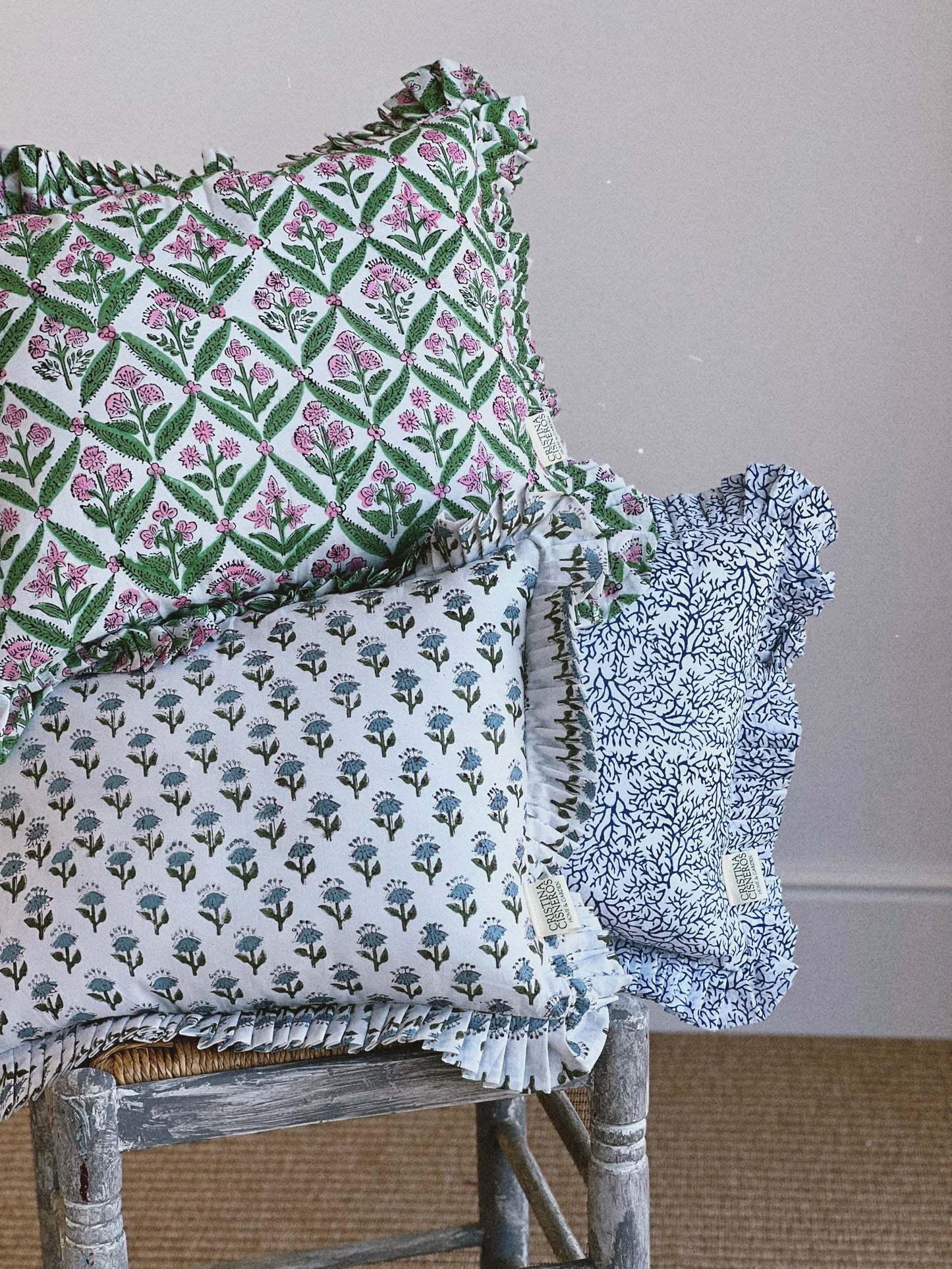 DARK BLUE FLORAL BLOCK PRINT RUFFLE CUSHION