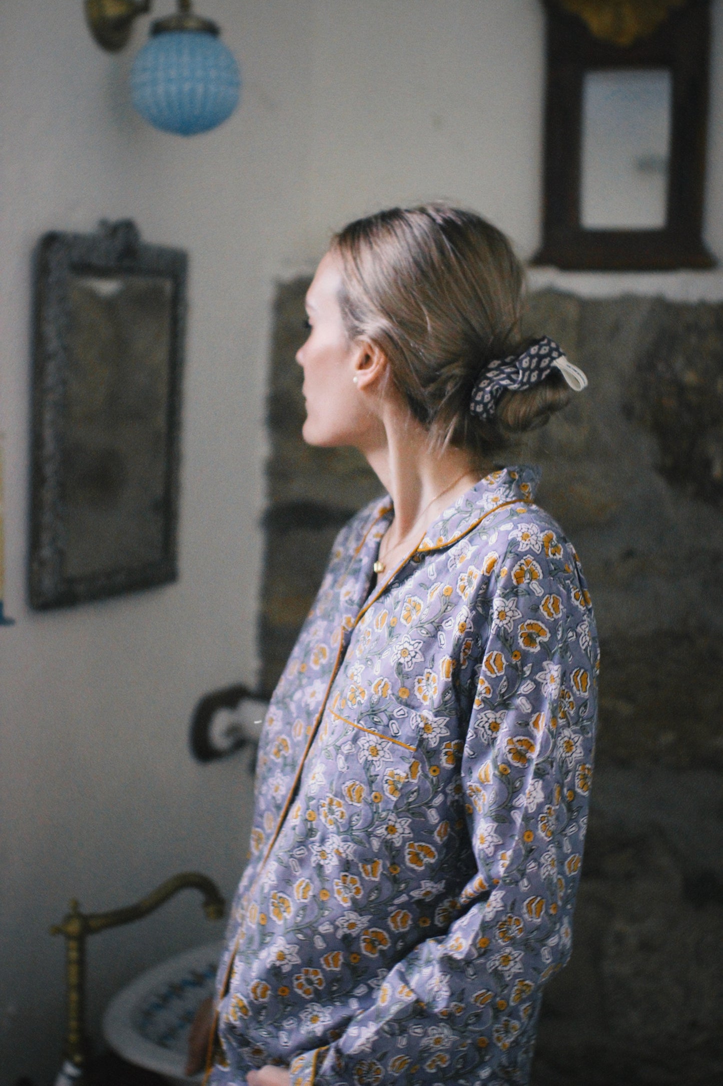 GRAY BLOCK PRINT LONG SLEEVE PAJAMAS