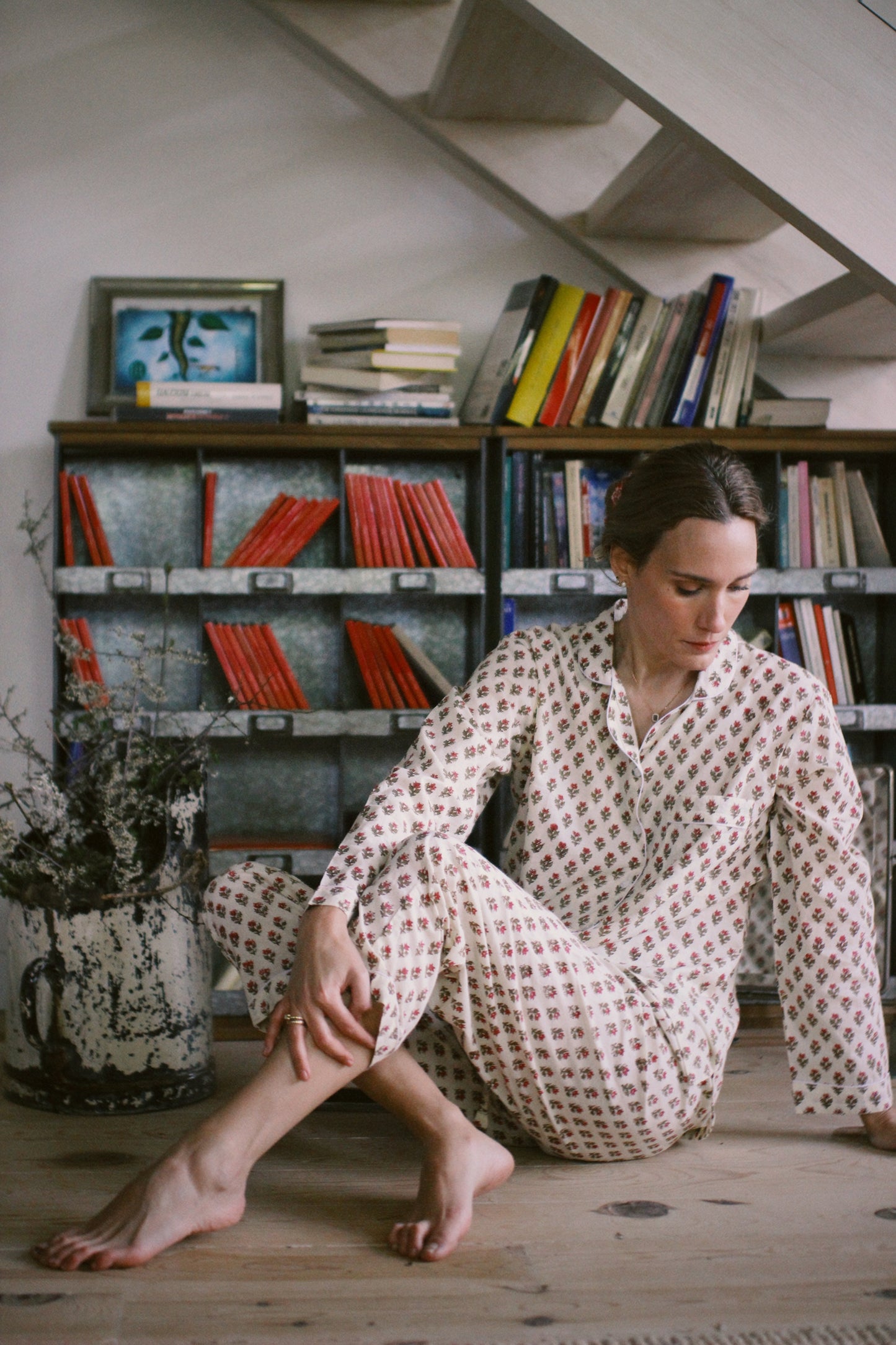 BLOCK PRINT LONG SLEEVE PAJAMAS BEIGE PINK