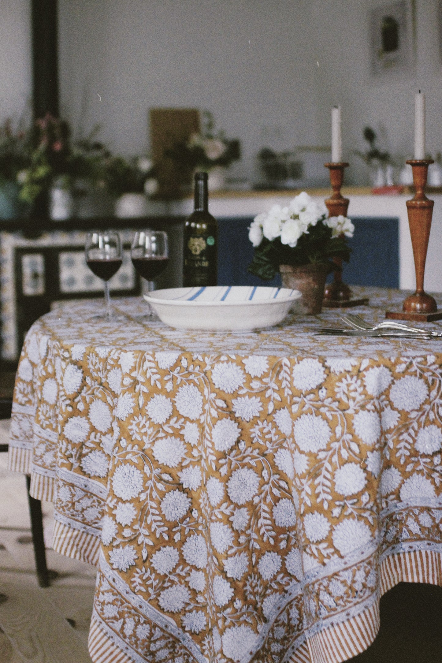 FLORAL TABLECLOTH BLOCK PRINT YELLOW OCHER