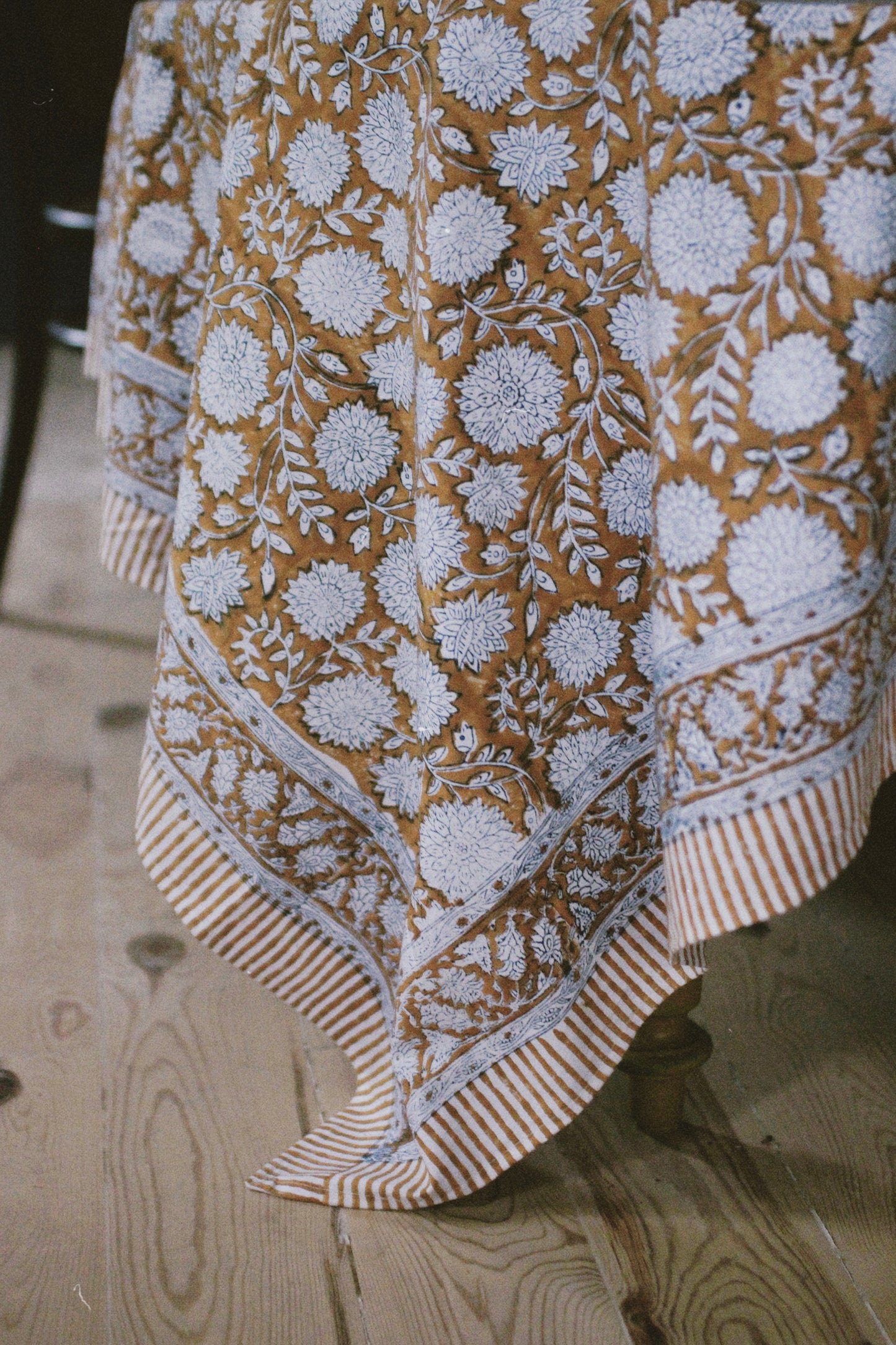 FLORAL TABLECLOTH BLOCK PRINT YELLOW OCHER