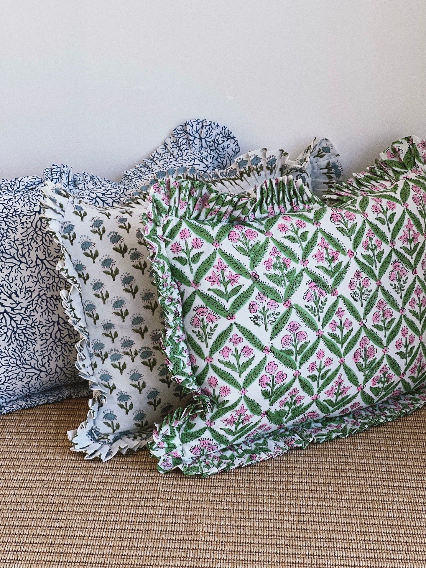 DARK BLUE FLORAL BLOCK PRINT RUFFLE CUSHION