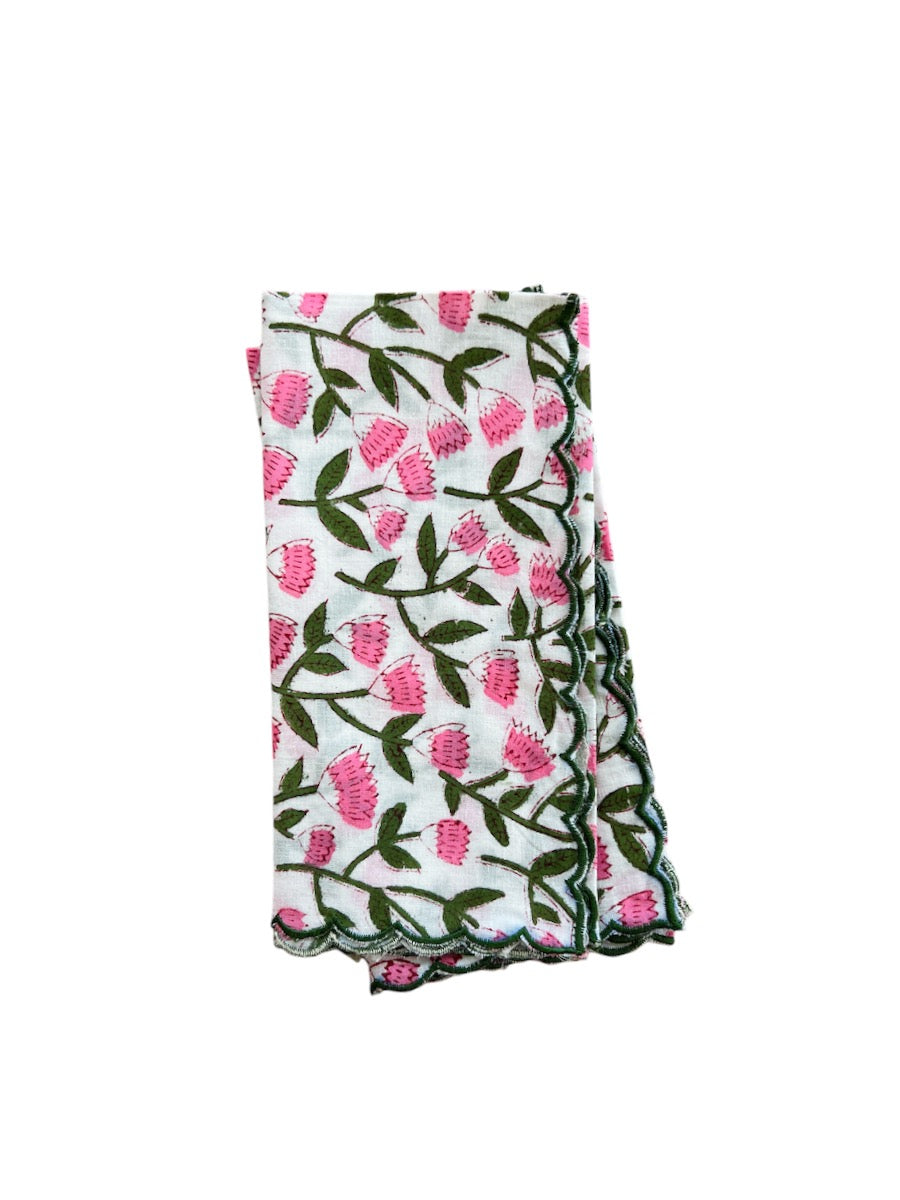 SET OF 2 COTTON BLOCK PRINT NAPKINS WITH PINK WHITE WAVE SCALLOP