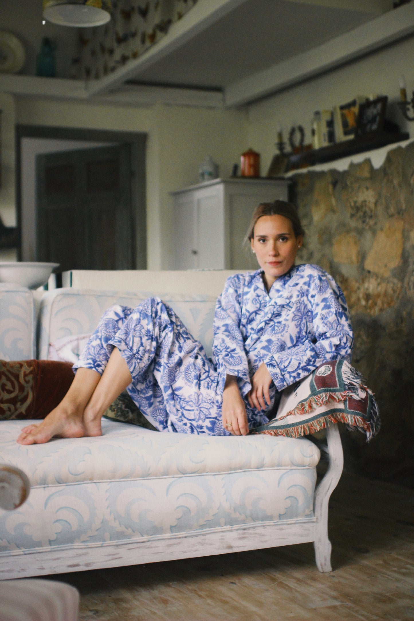 BLUE FLORAL BLOCK PRINT LONG SLEEVE PAJAMAS