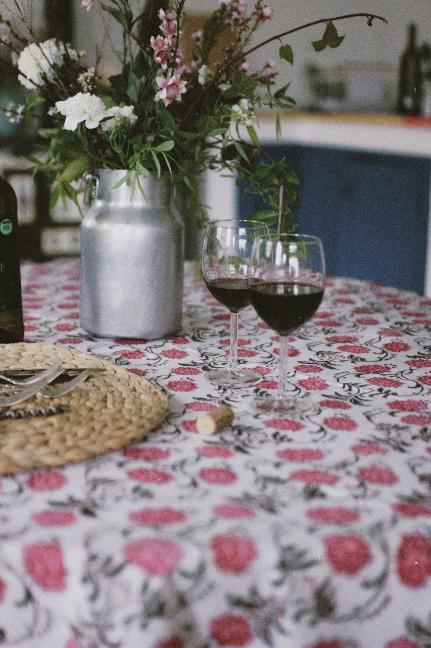 BLOCK PRINT FLORAL TABLECLOTH PINK GREEN