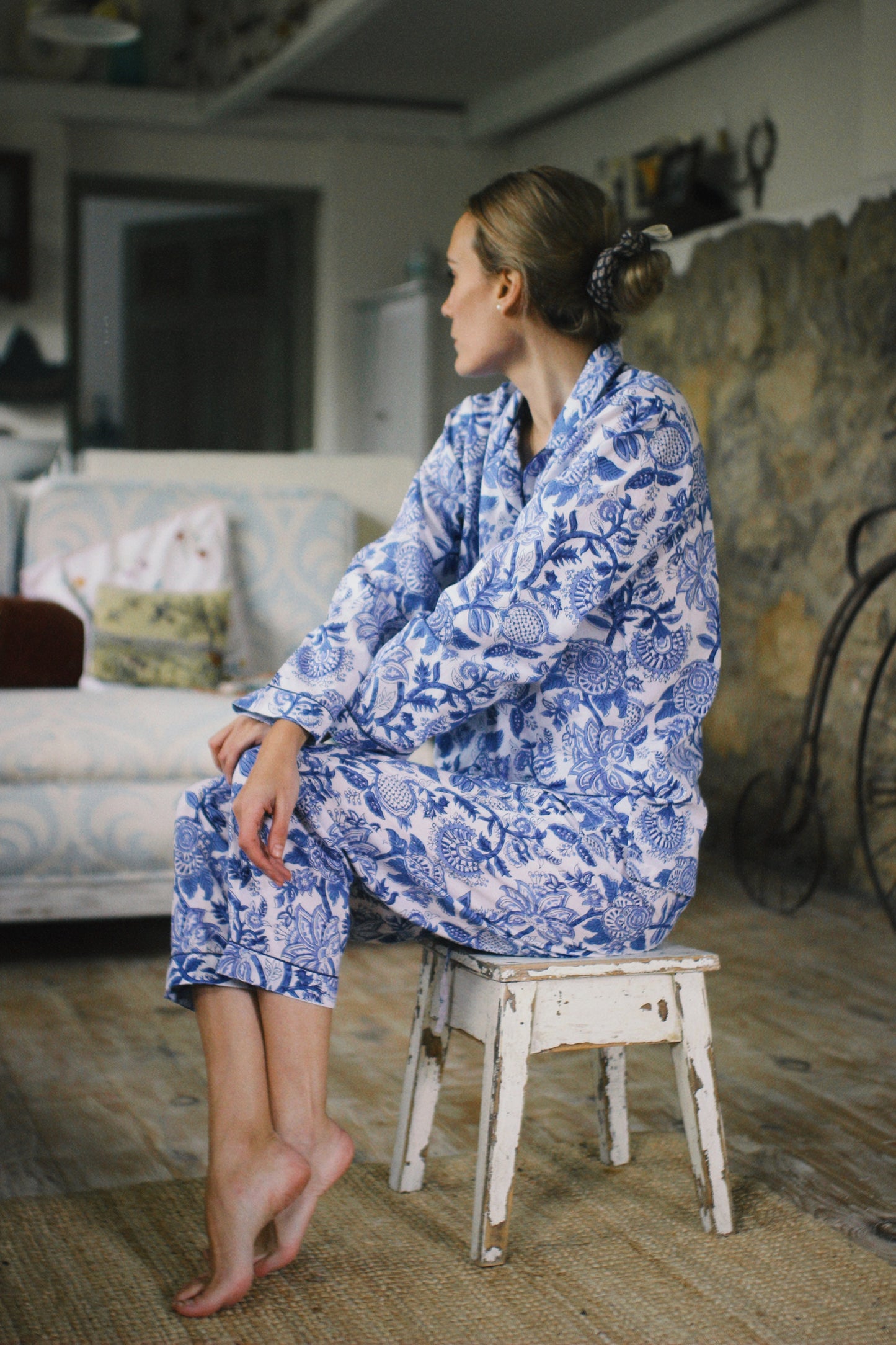 BLUE FLORAL BLOCK PRINT LONG SLEEVE PAJAMAS