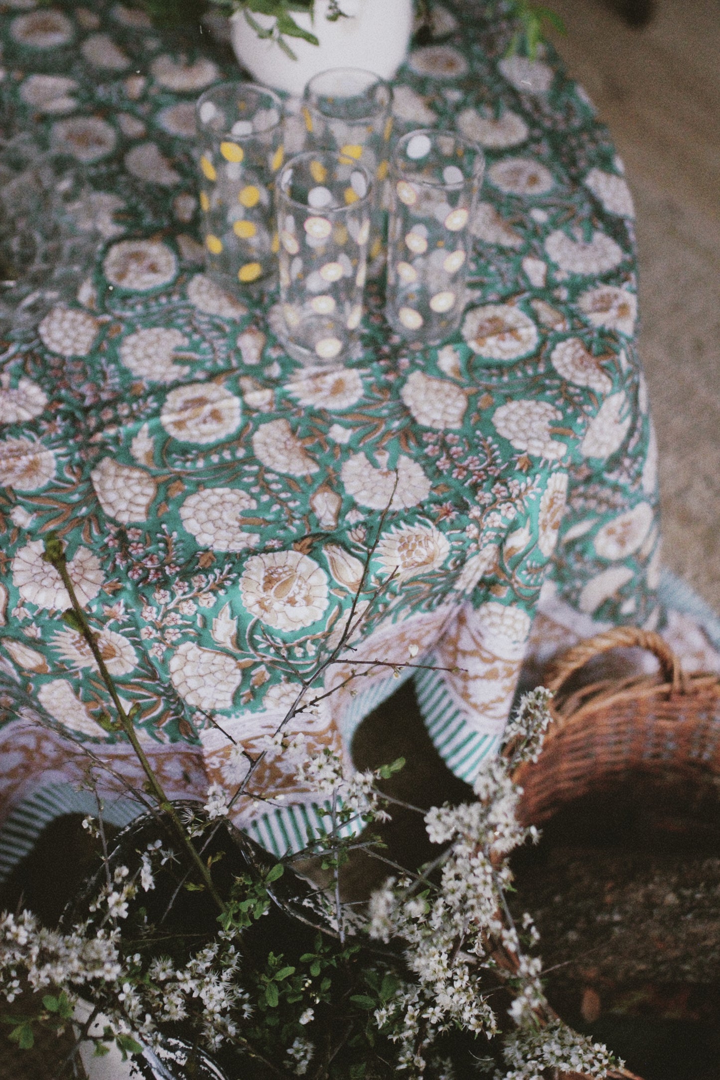 FLORAL TABLECLOTH BLOCK PRINT TURQUOISE GREEN