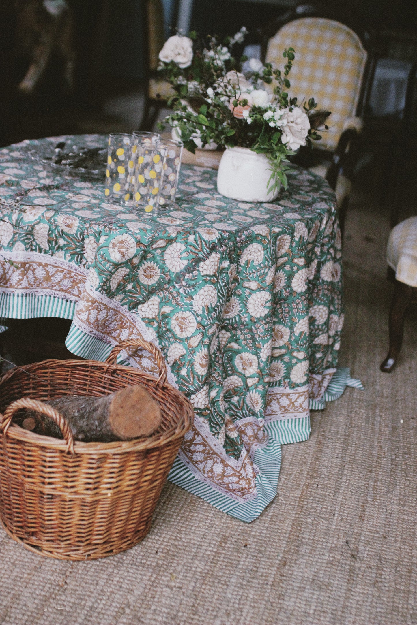 FLORAL TABLECLOTH BLOCK PRINT TURQUOISE GREEN