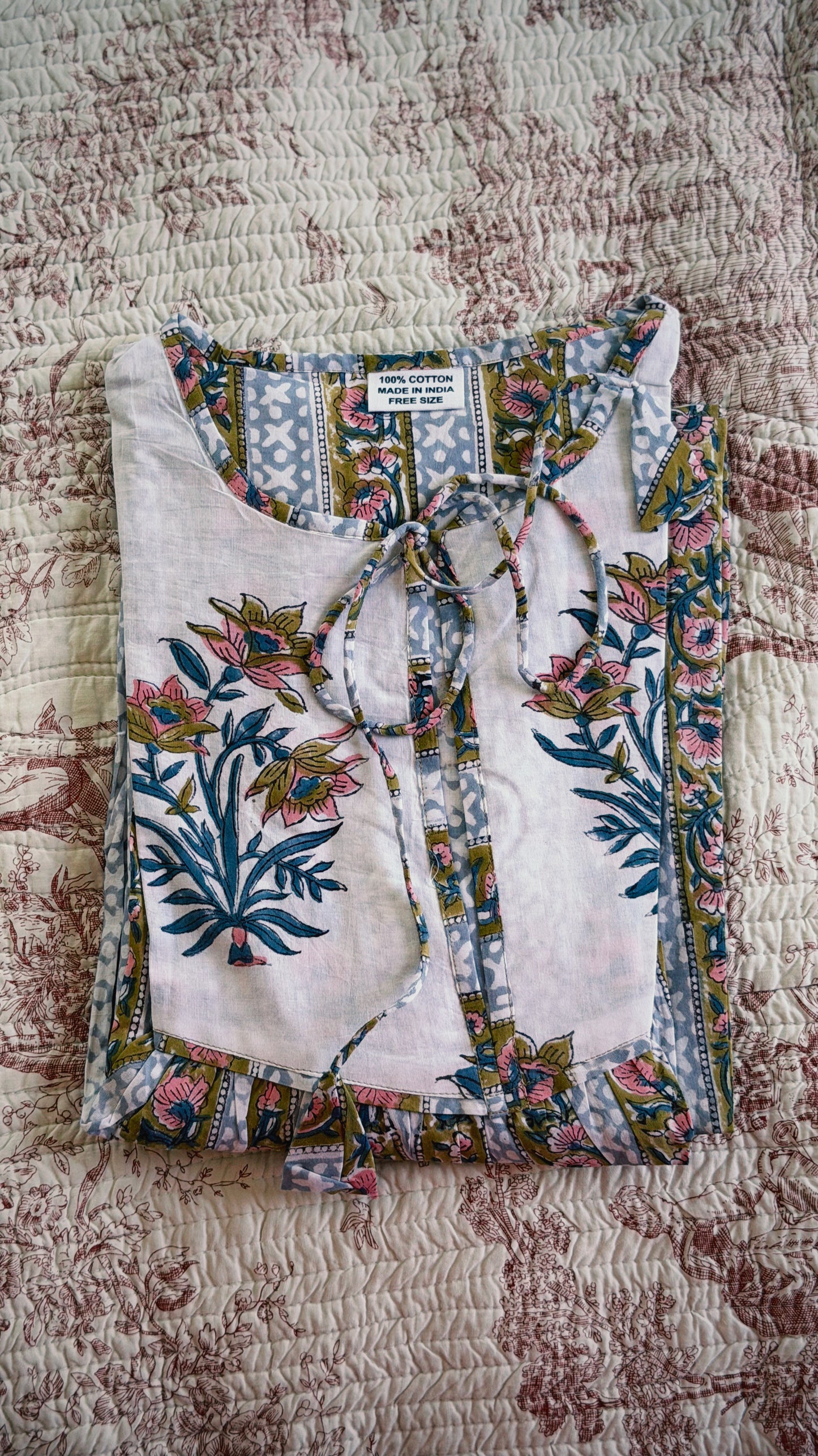 VESTIDO FLORAL BLOCK PRINT GRIS OCRE ROSA