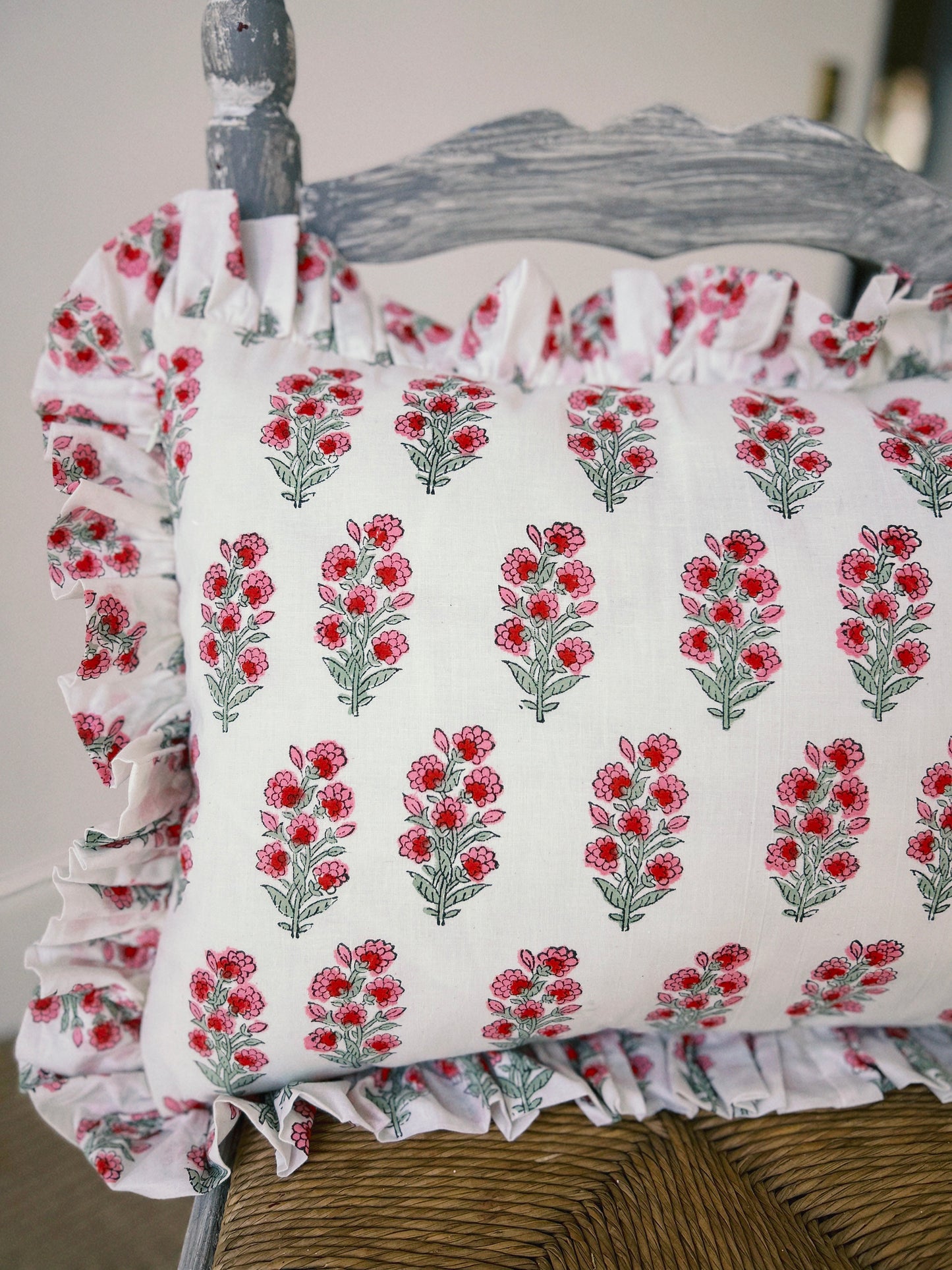 BLOCK PRINT FLORAL Ruffle Cushion XXX