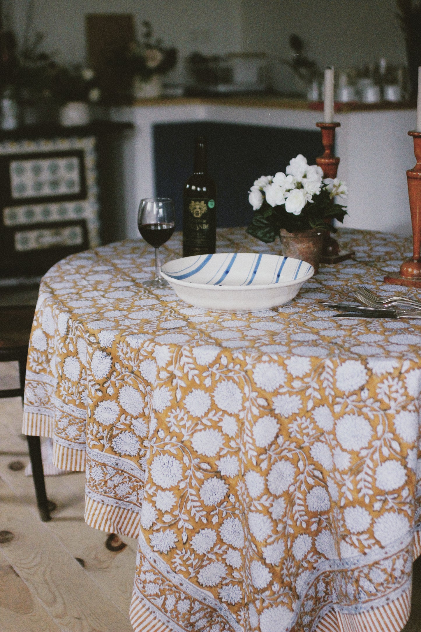FLORAL TABLECLOTH BLOCK PRINT YELLOW OCHER