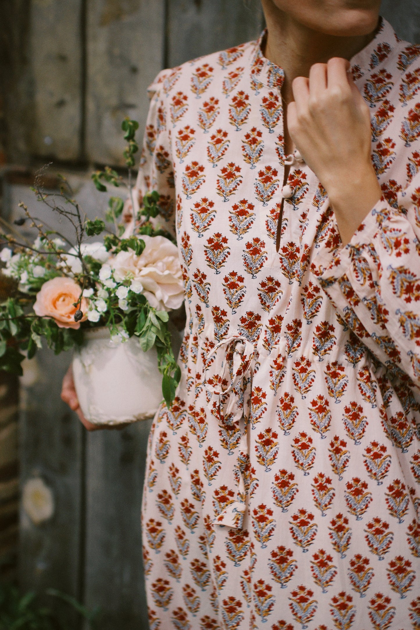 LONG FLORAL BLOCK PRINT BEIGE RED DRESS