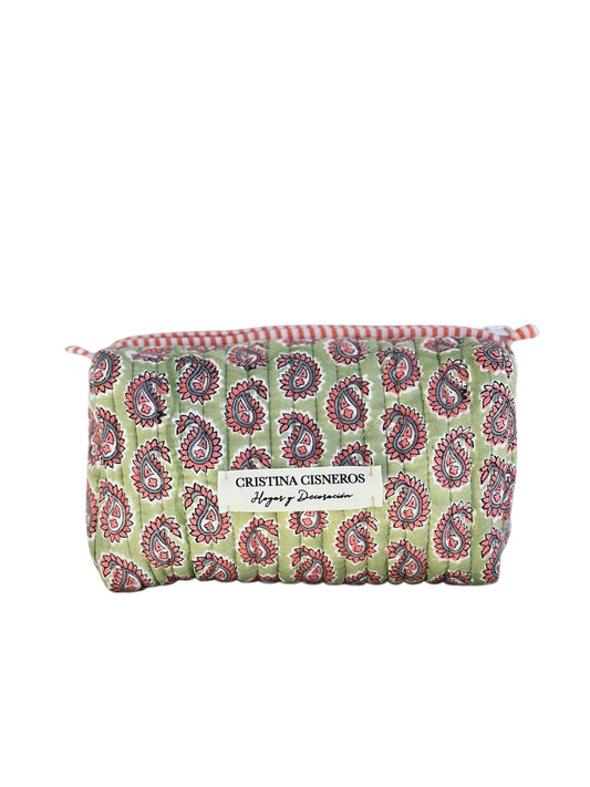 Pistachio-colored floral block print toiletry bag