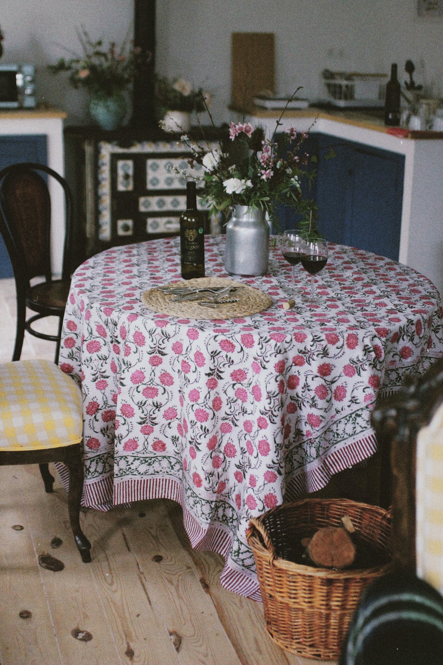BLOCK PRINT FLORAL TABLECLOTH PINK GREEN