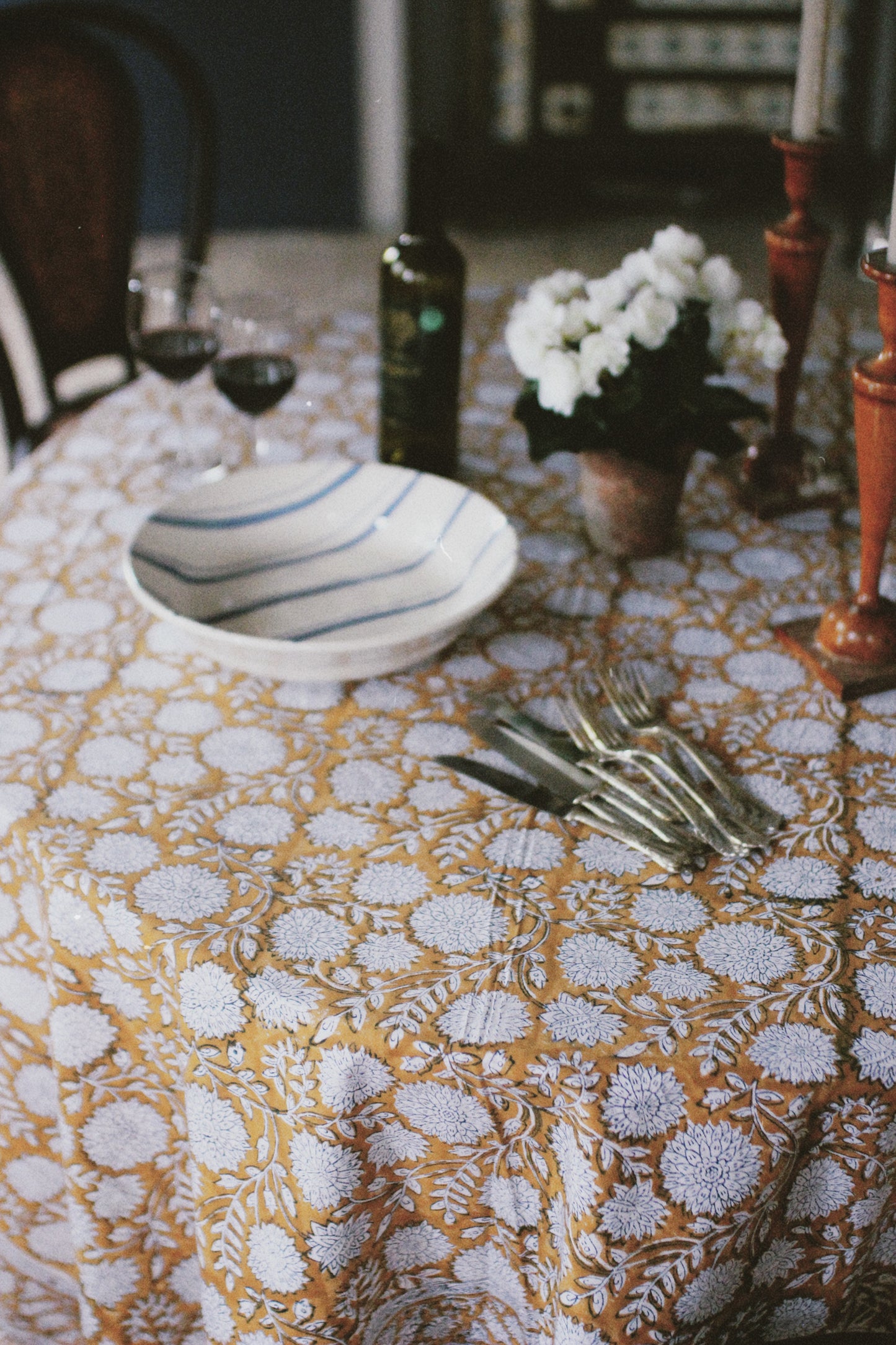 FLORAL TABLECLOTH BLOCK PRINT YELLOW OCHER