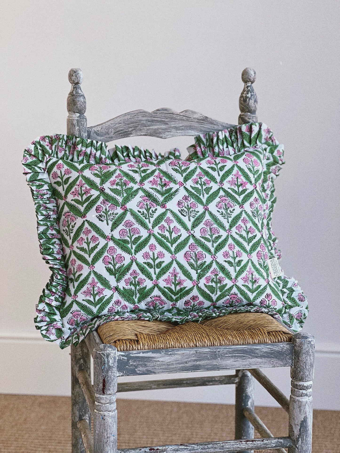 GREEN FLORAL BLOCK PRINT RUFFLE CUSHION