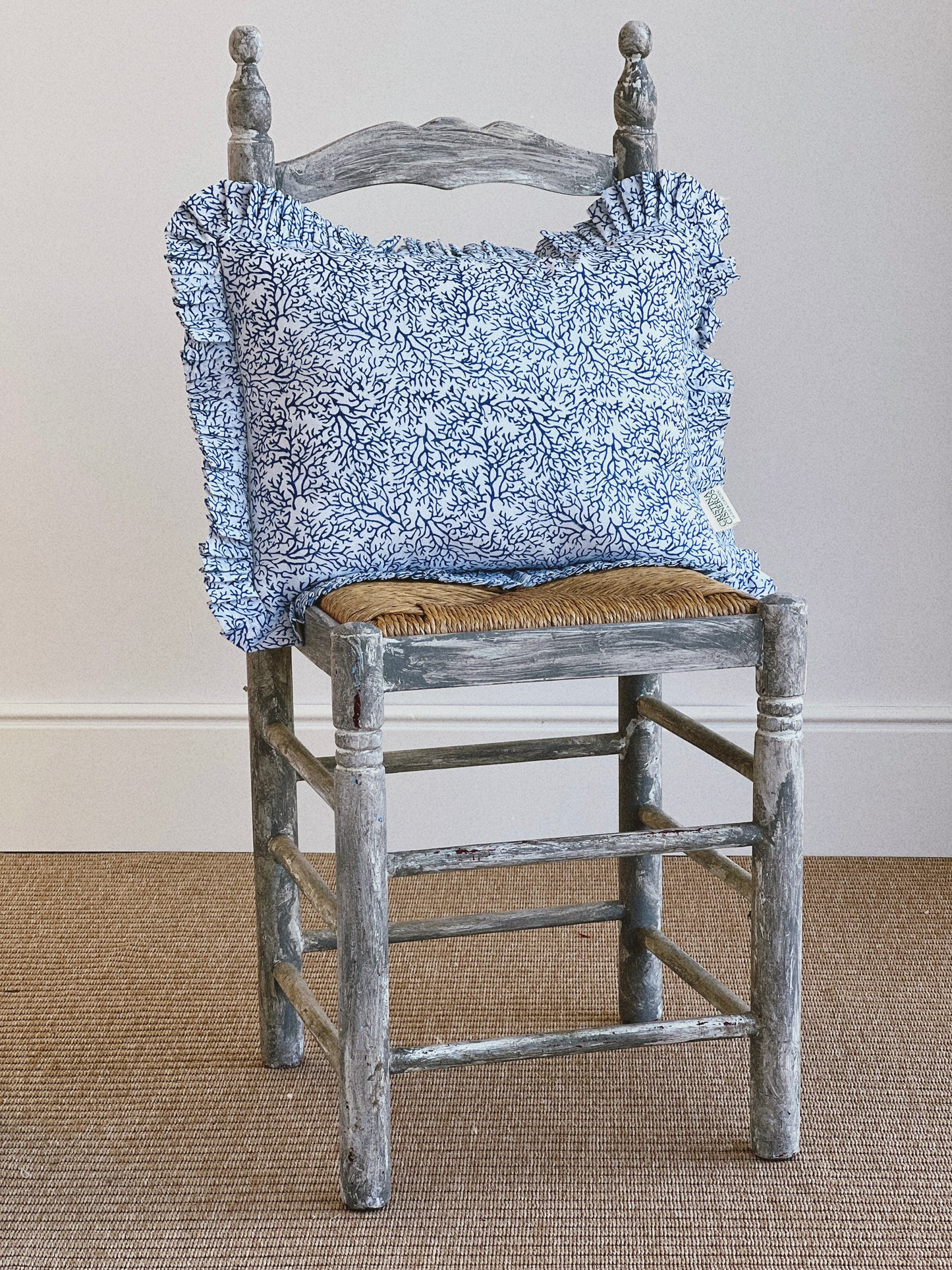 DARK BLUE FLORAL BLOCK PRINT RUFFLE CUSHION