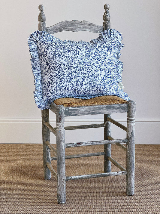 DARK BLUE FLORAL BLOCK PRINT RUFFLE CUSHION