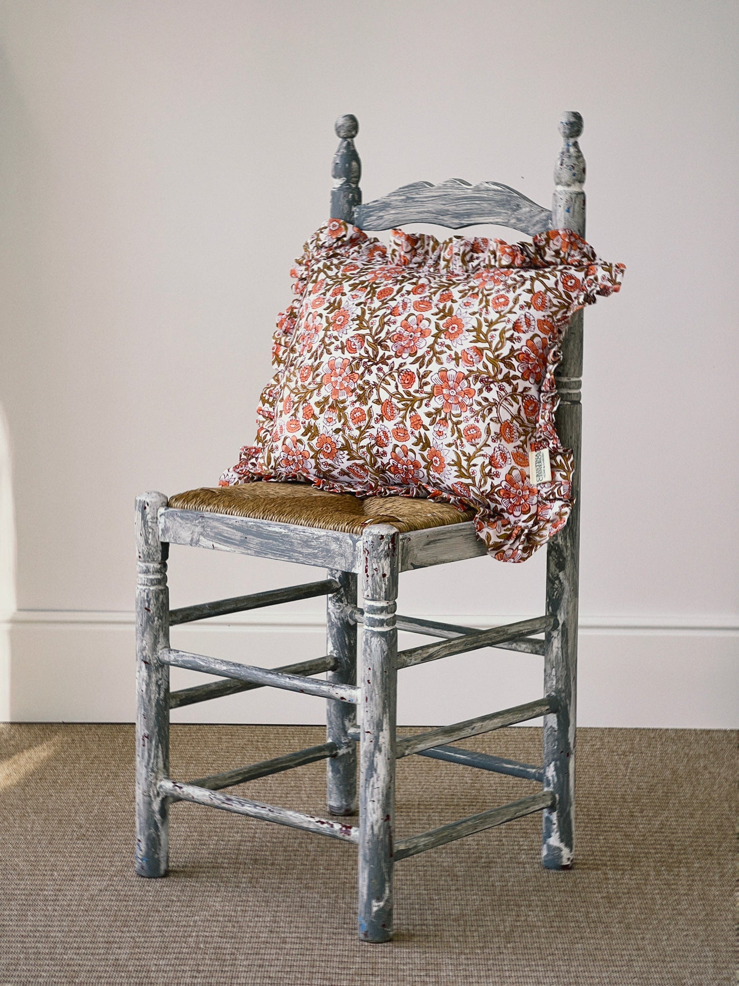 CORAL BRONZE FLORAL BLOCK PRINT RUFFLE CUSHION