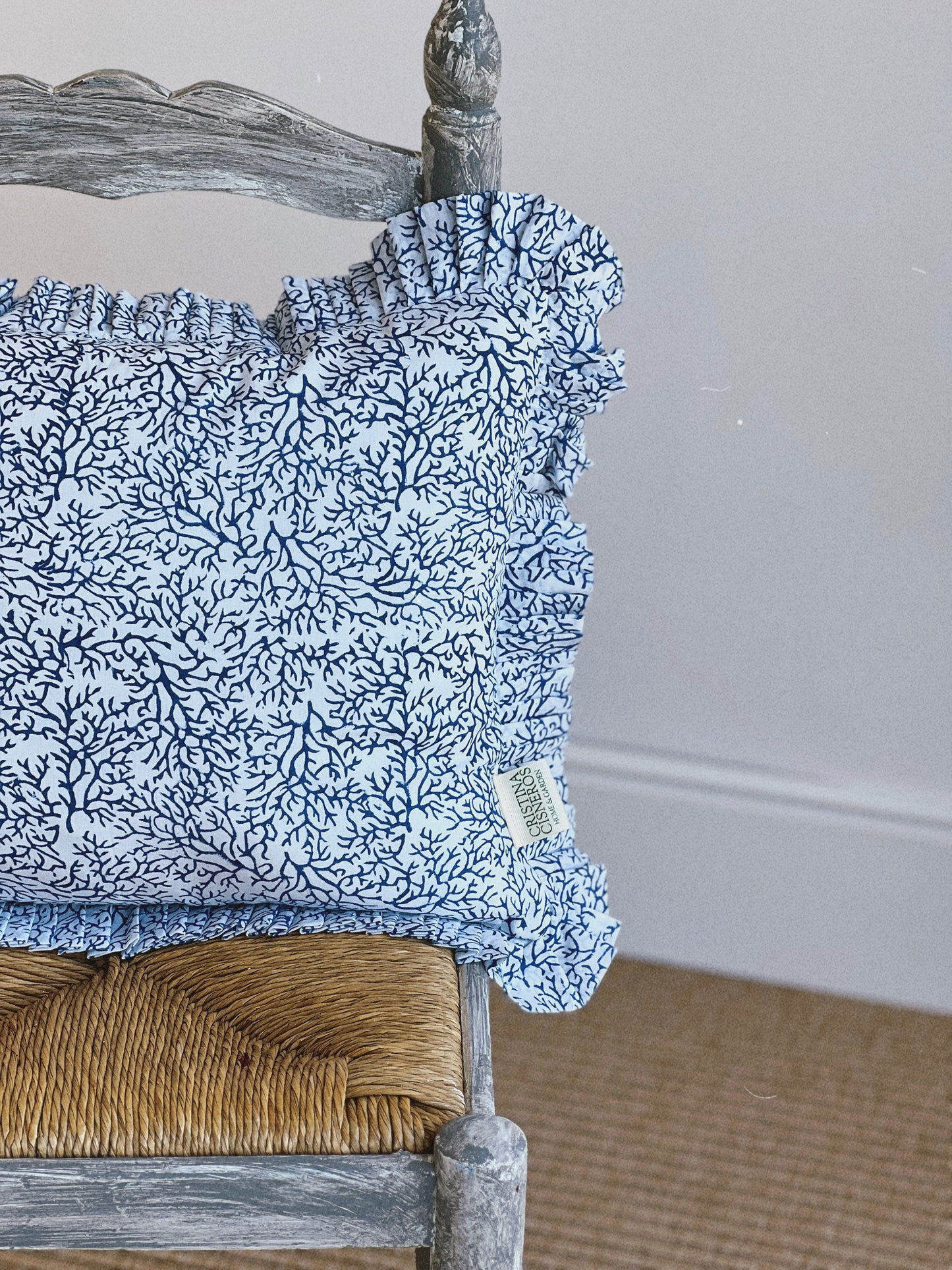 DARK BLUE FLORAL BLOCK PRINT RUFFLE CUSHION
