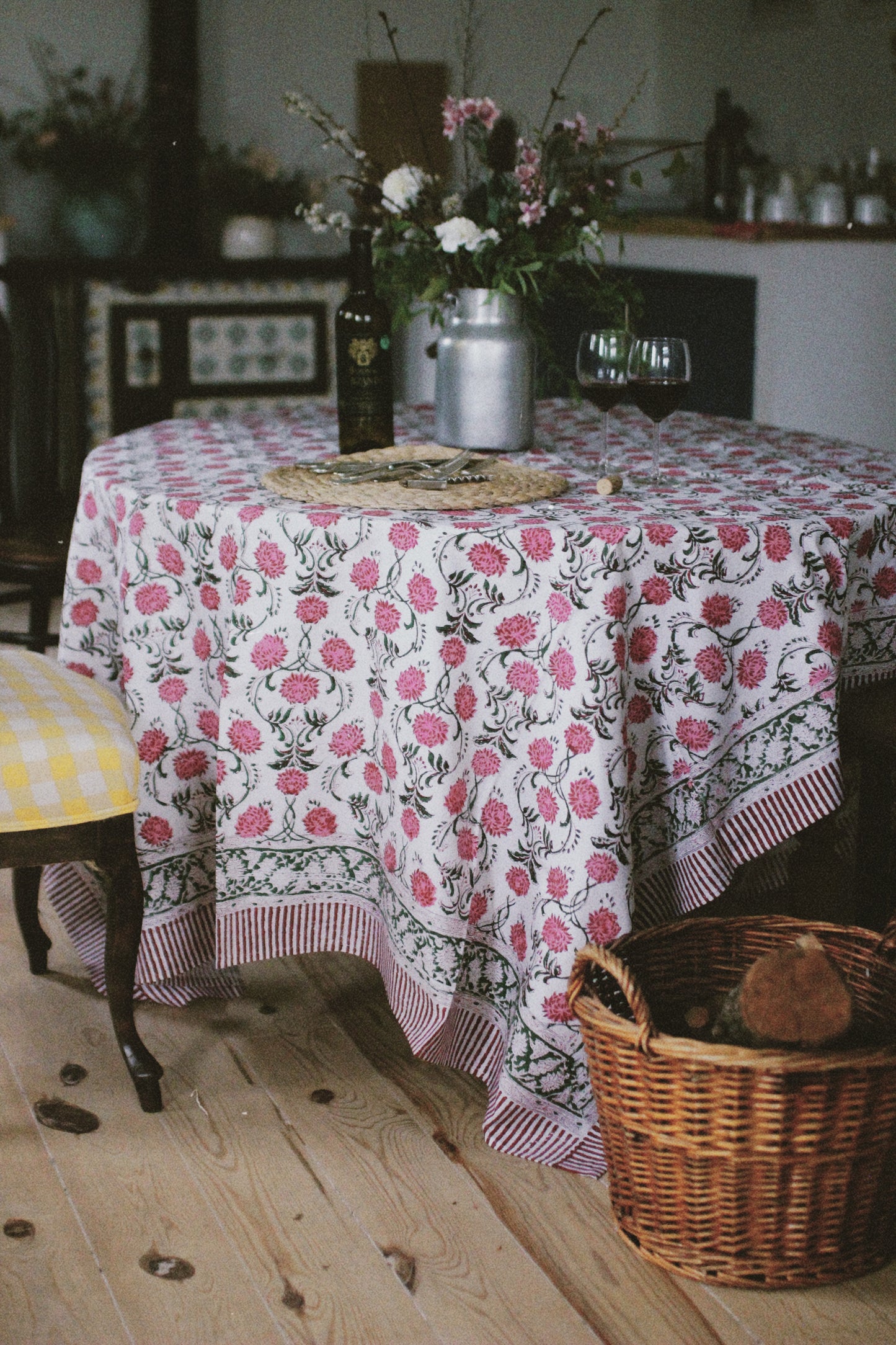 BLOCK PRINT FLORAL TABLECLOTH PINK GREEN