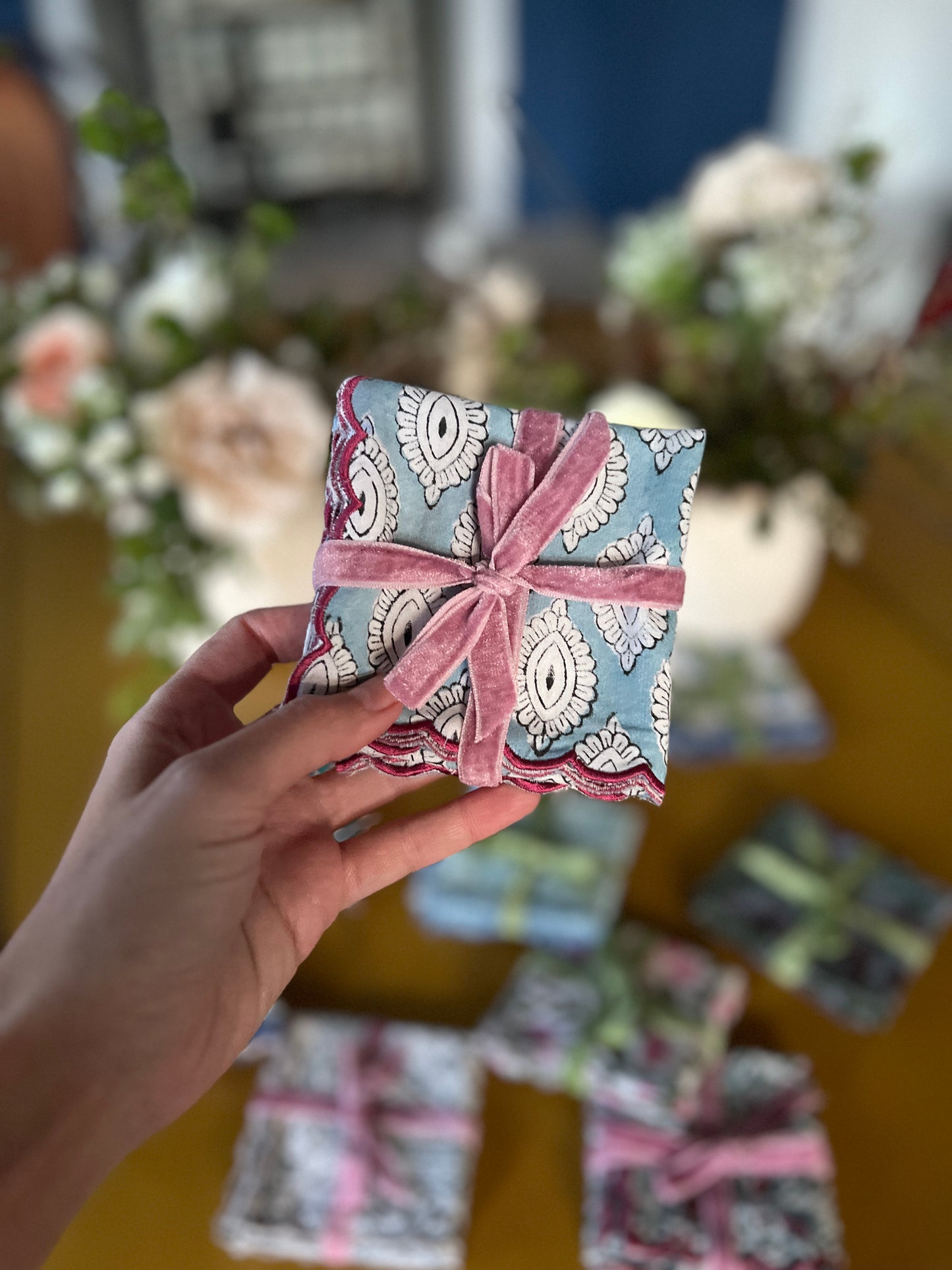 SET OF 2 COTTON BLOCK PRINT NAPKINS WITH PINK BLUE WAVE SCALLOP