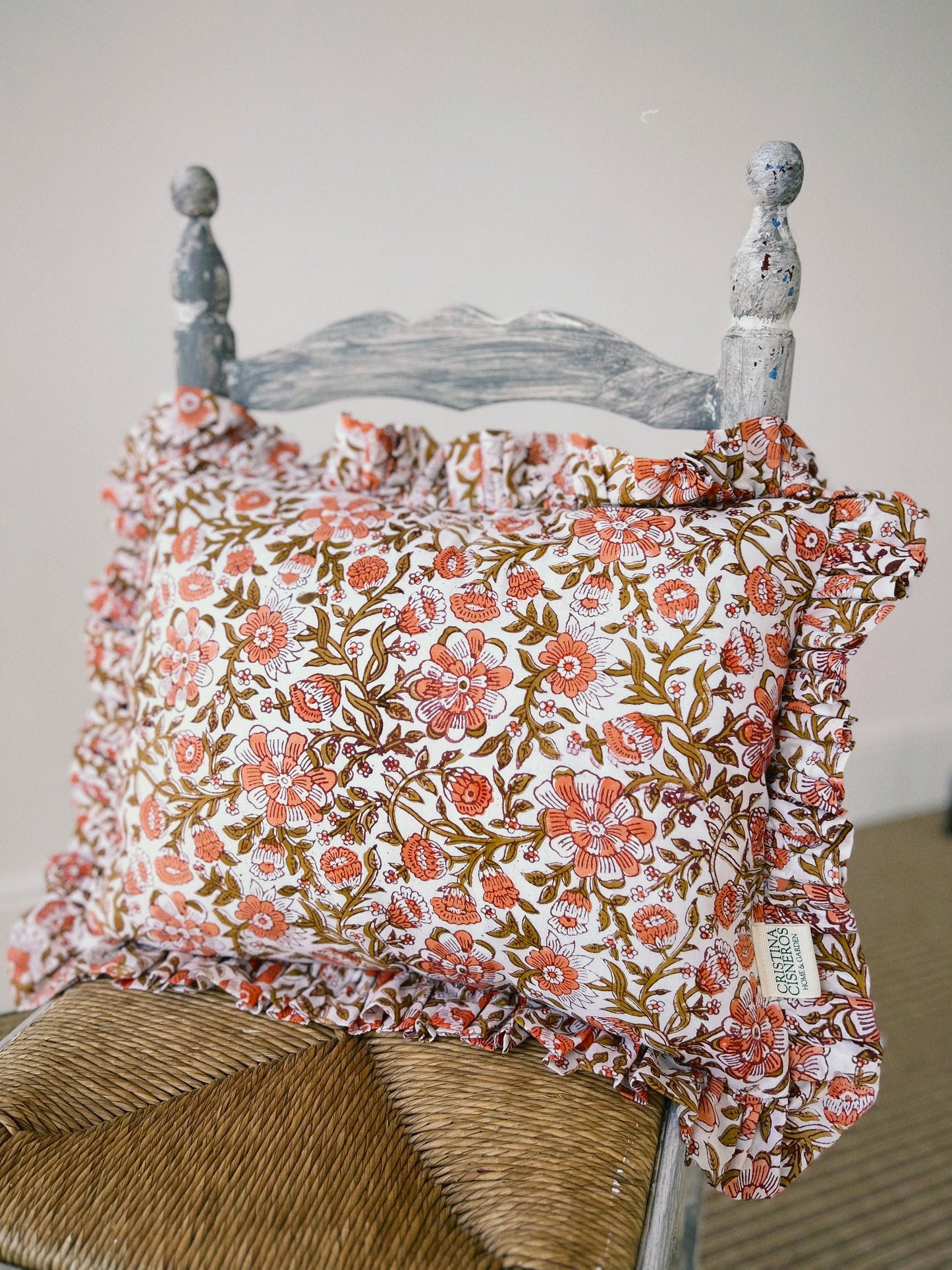 CORAL BRONZE FLORAL BLOCK PRINT RUFFLE CUSHION