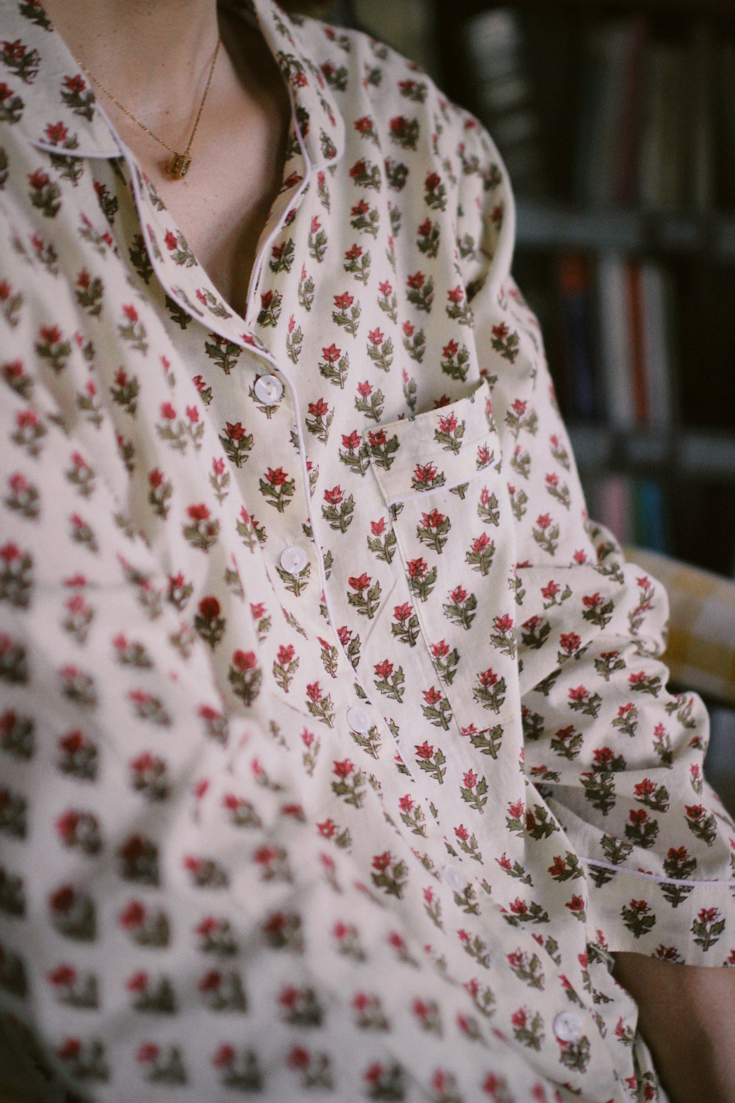 BLOCK PRINT LONG SLEEVE PAJAMAS BEIGE PINK