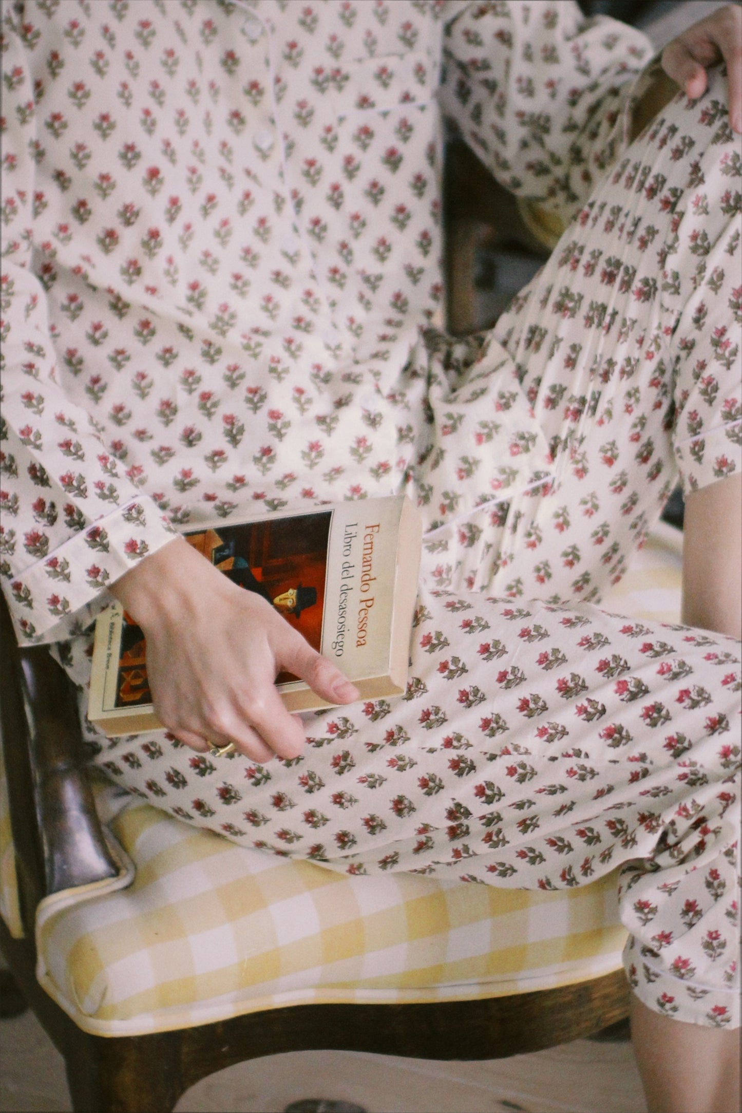 BLOCK PRINT LONG SLEEVE PAJAMAS BEIGE PINK