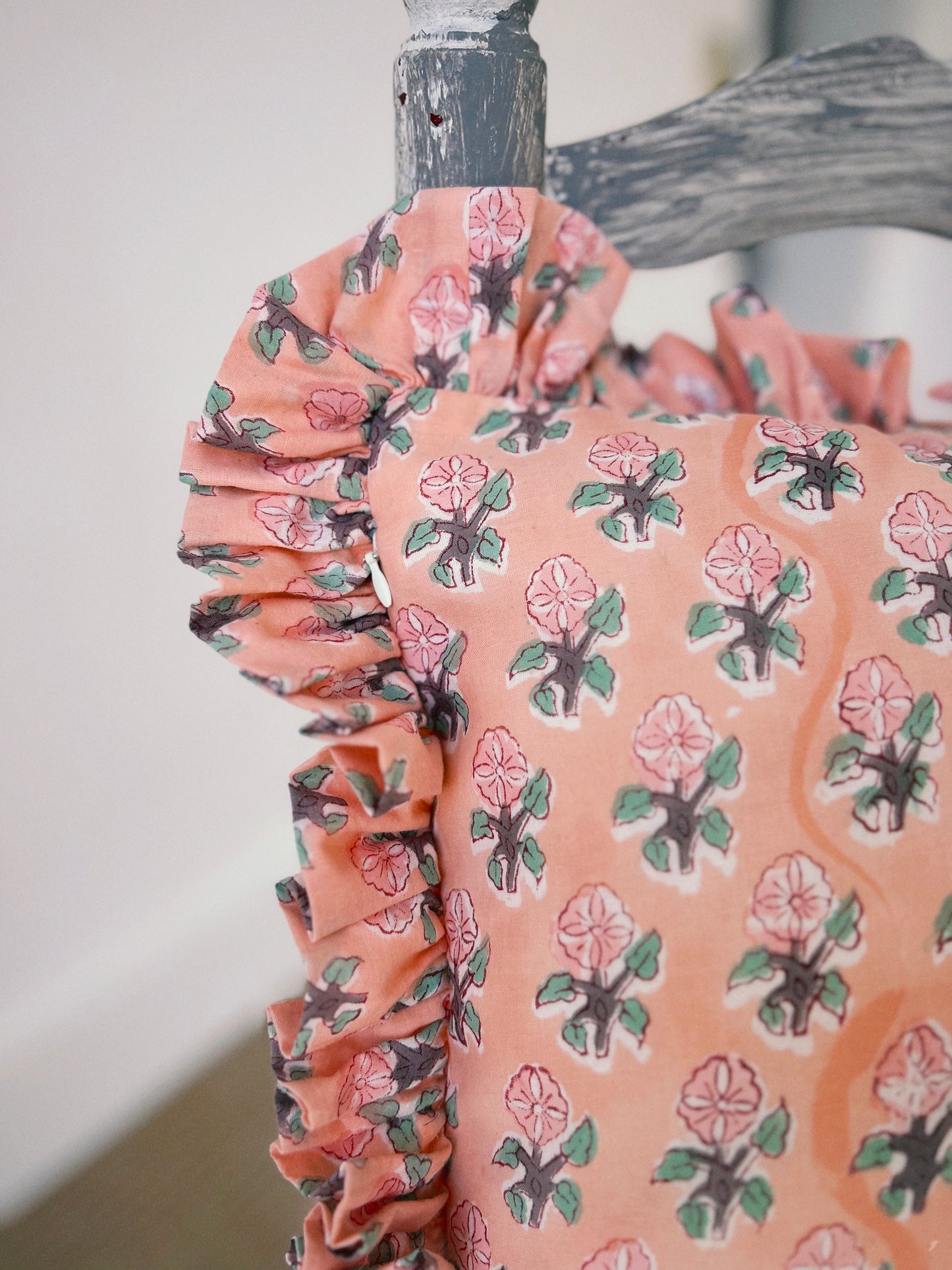 PINK GREEN FLORAL BLOCK PRINT RUFFLE CUSHION