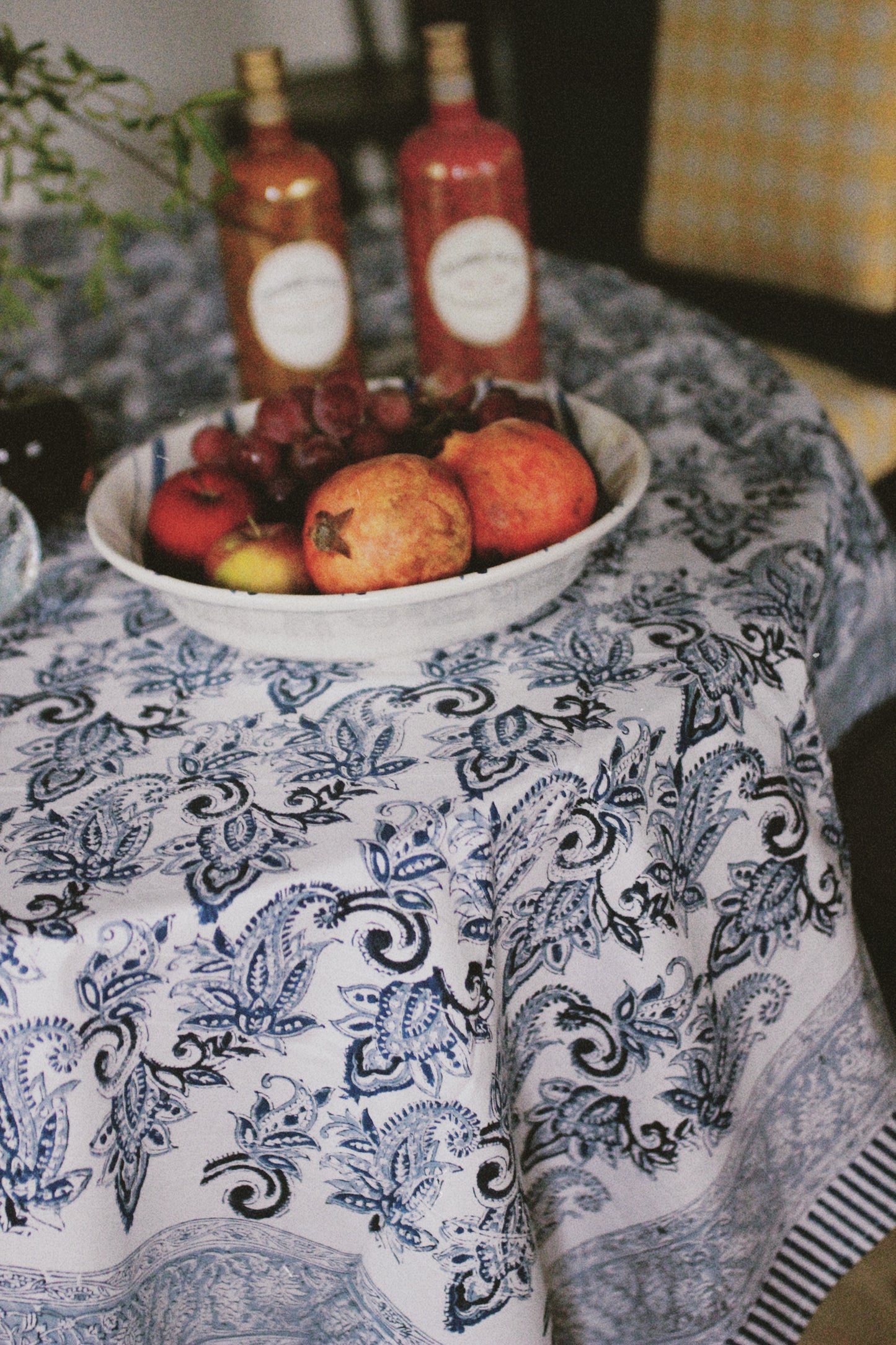 BLUE FLORAL BLOCK PRINT TABLECLOTH