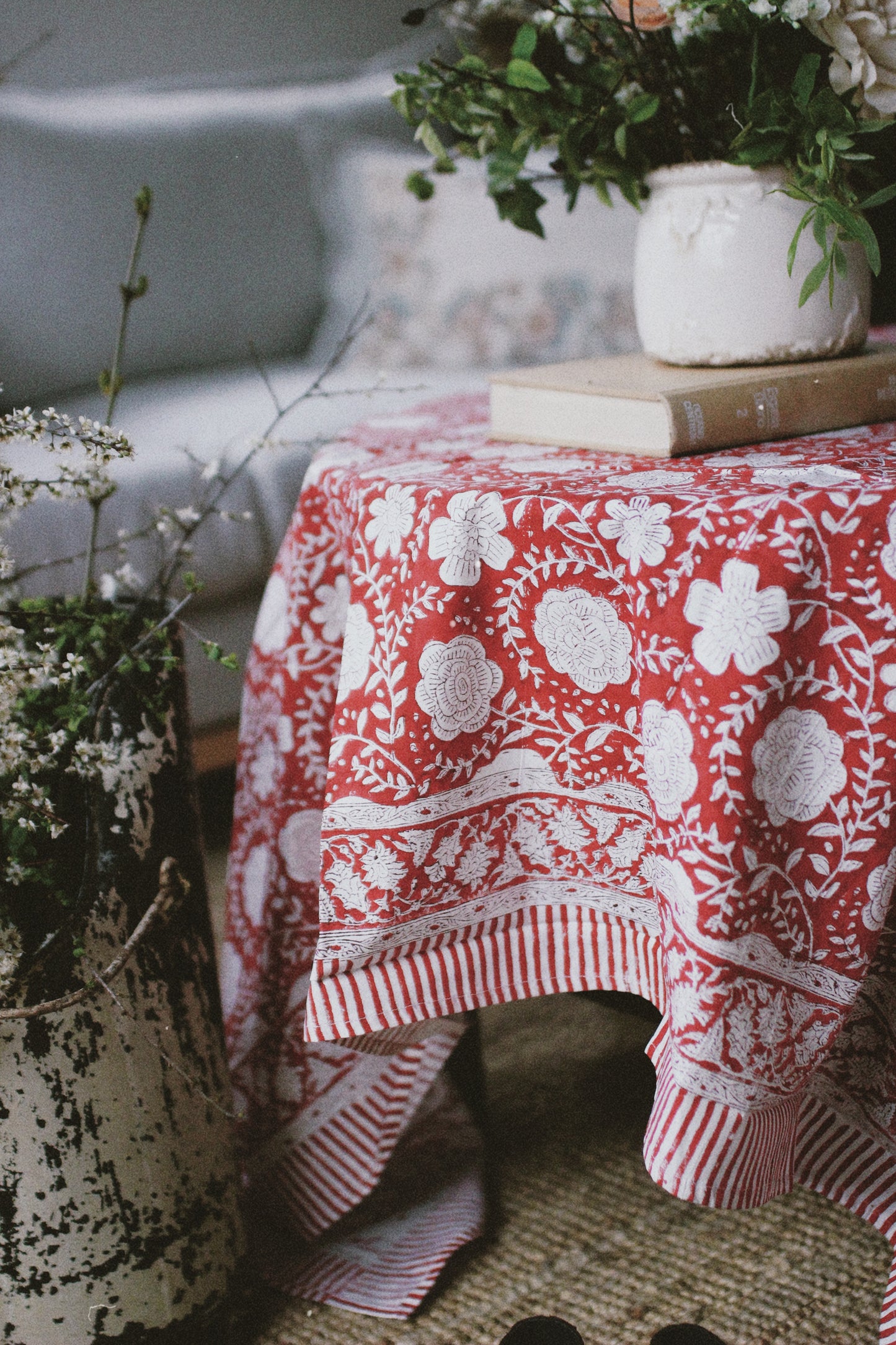 FLORAL BLOCK PRINT GARNET TABLECLOTH