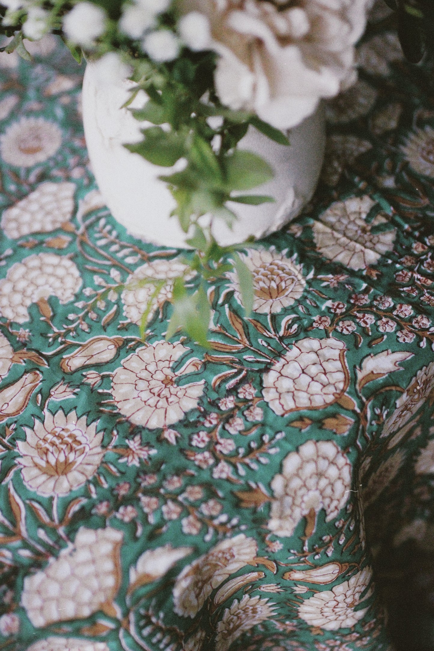 FLORAL TABLECLOTH BLOCK PRINT TURQUOISE GREEN
