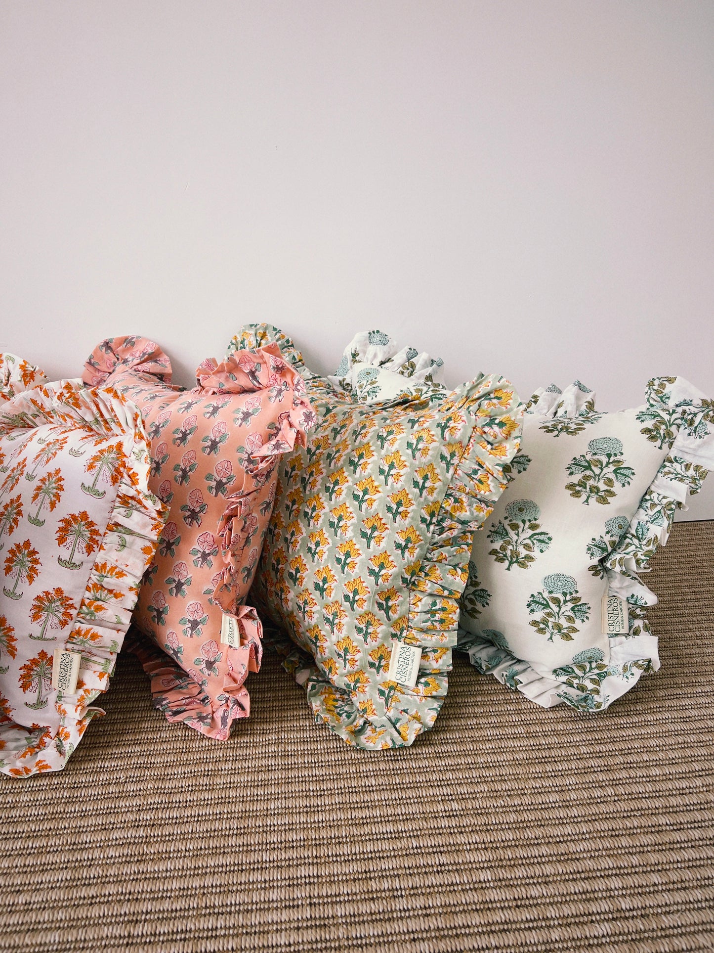 CUSHION RUFFLES BLOCK PRINT FLORAL GREEN YELLOW