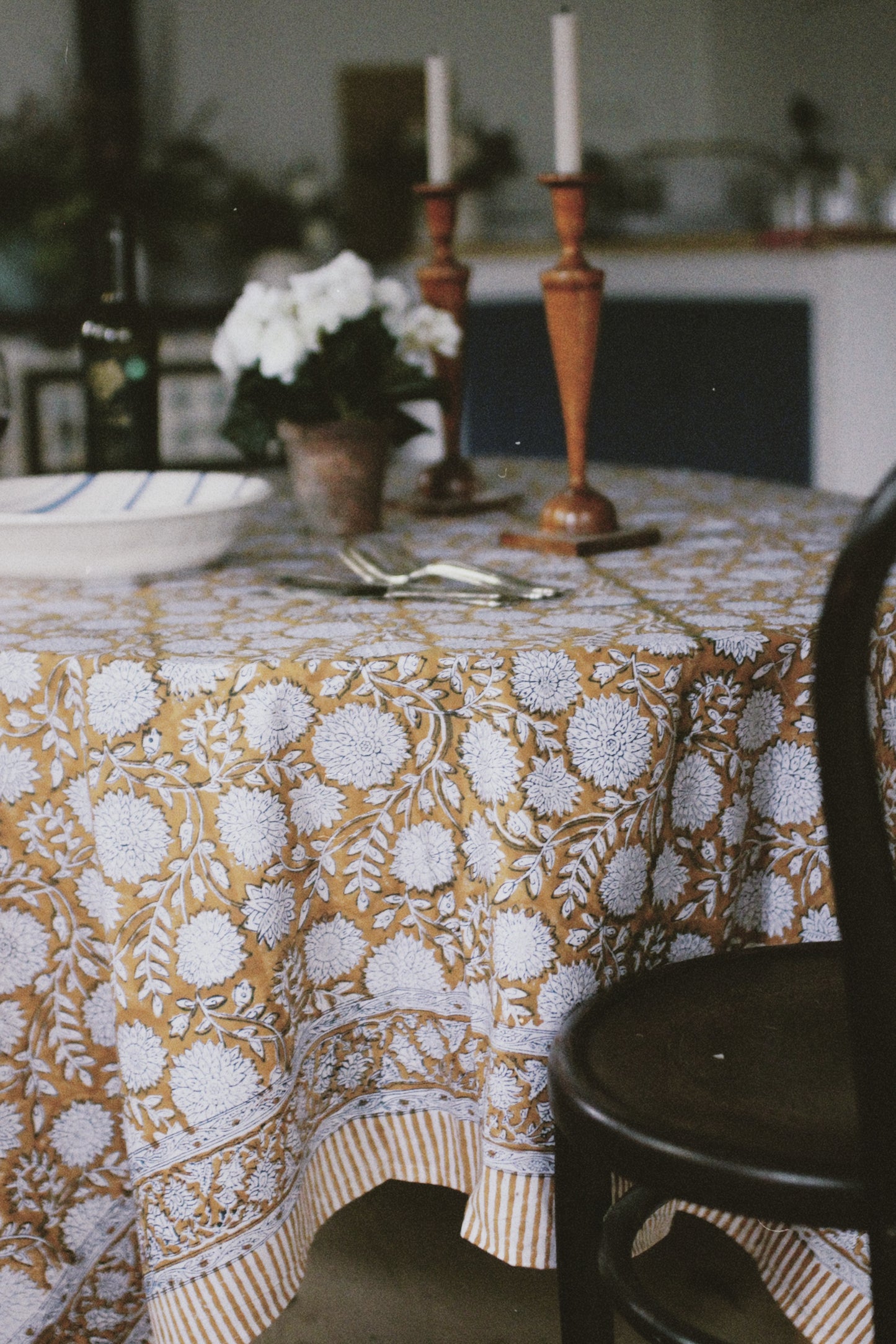 FLORAL TABLECLOTH BLOCK PRINT YELLOW OCHER
