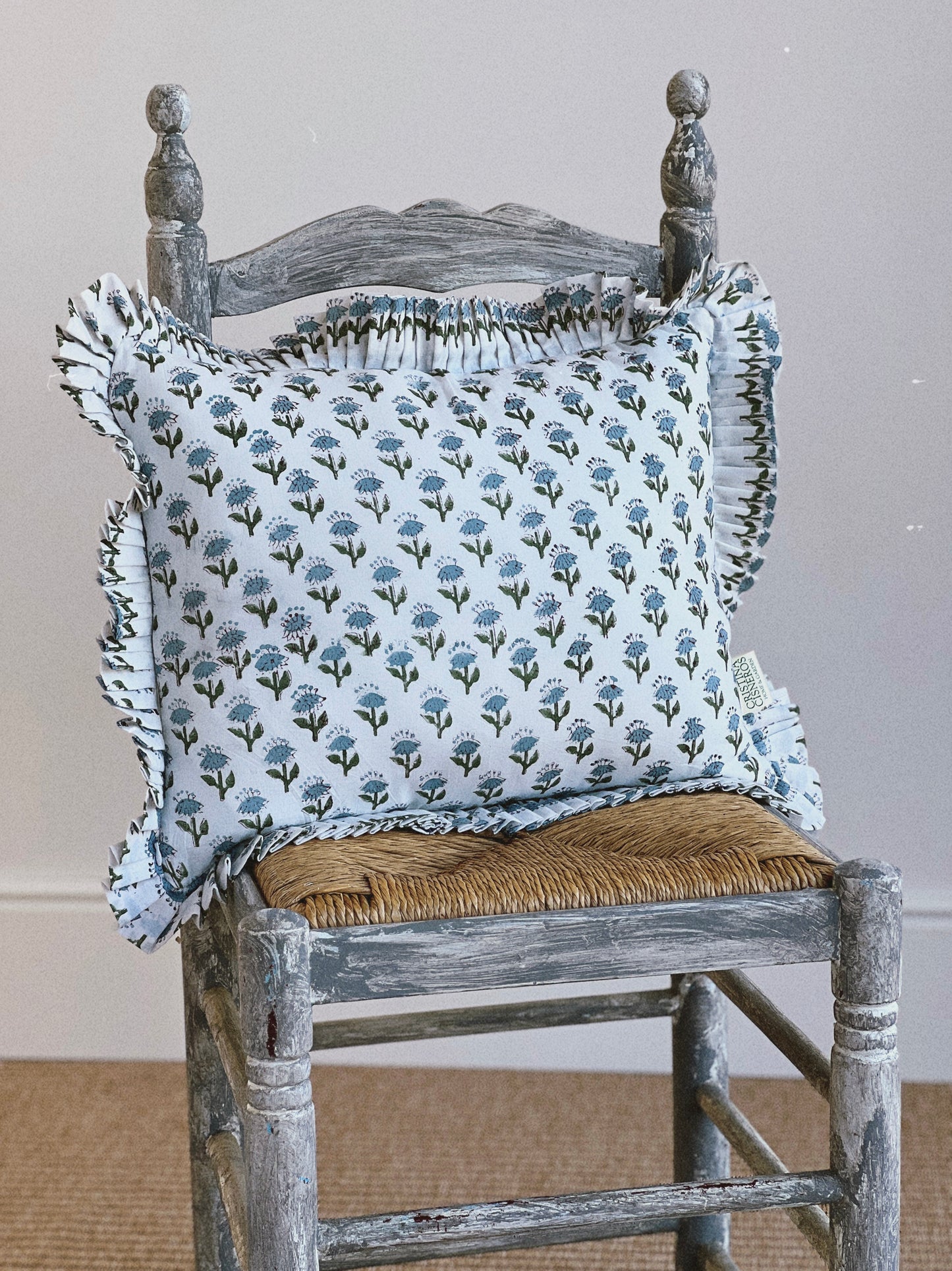 BLUE GREEN FLORAL BLOCK PRINT RUFFLE CUSHION