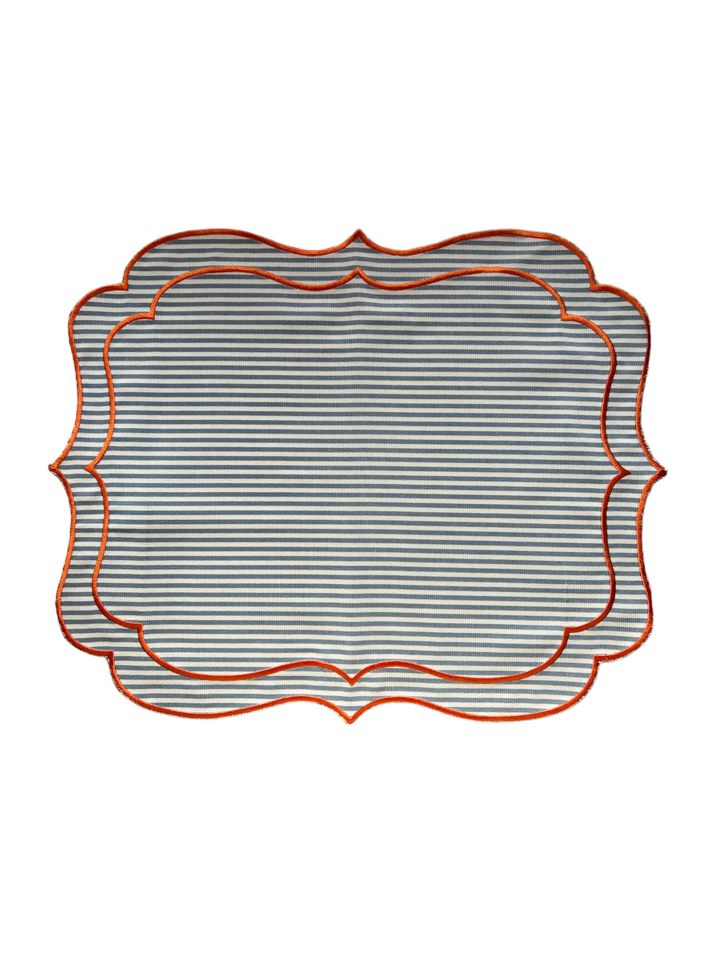 SET OF 2 STRIPED PLACEMATS WITH SCALLOP, BLUE ORANGE