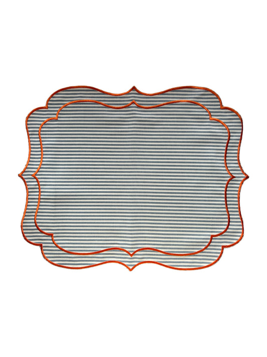 SET OF 2 STRIPED PLACEMATS WITH SCALLOP, BLUE ORANGE