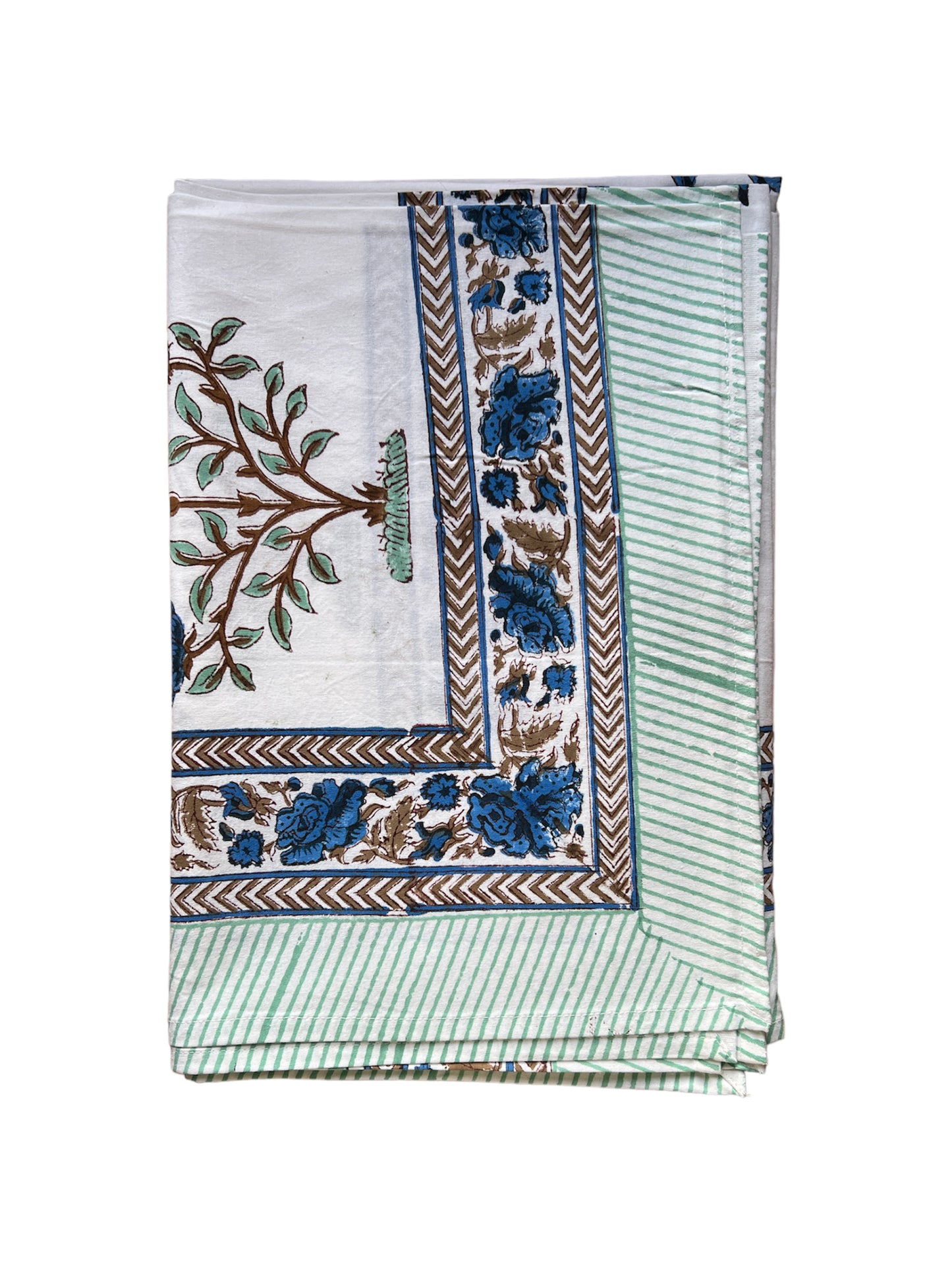 FLORAL TABLECLOTH BLOCK PRINT WHITE SKY BLUE